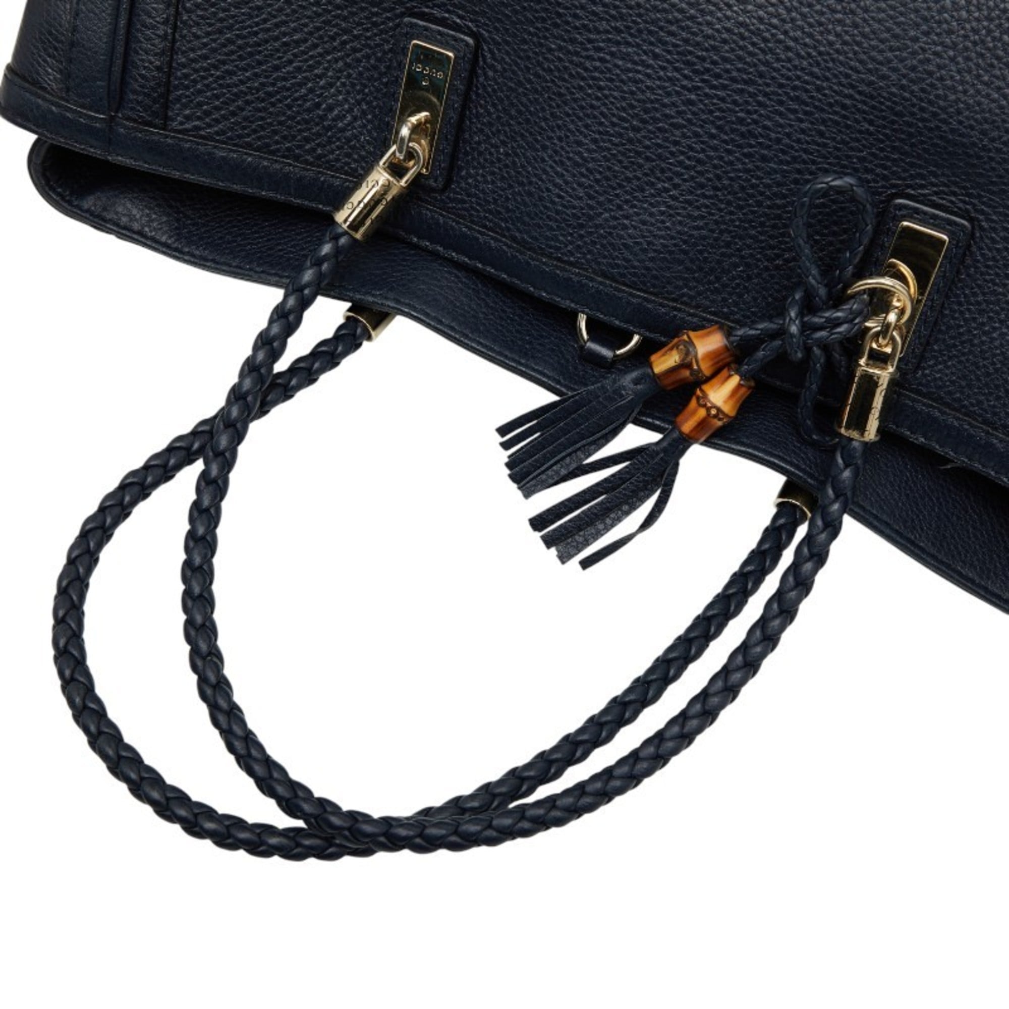 Gucci Navy Canvas Leather Shoulder Bag Tote Bag (Pre-Owned)