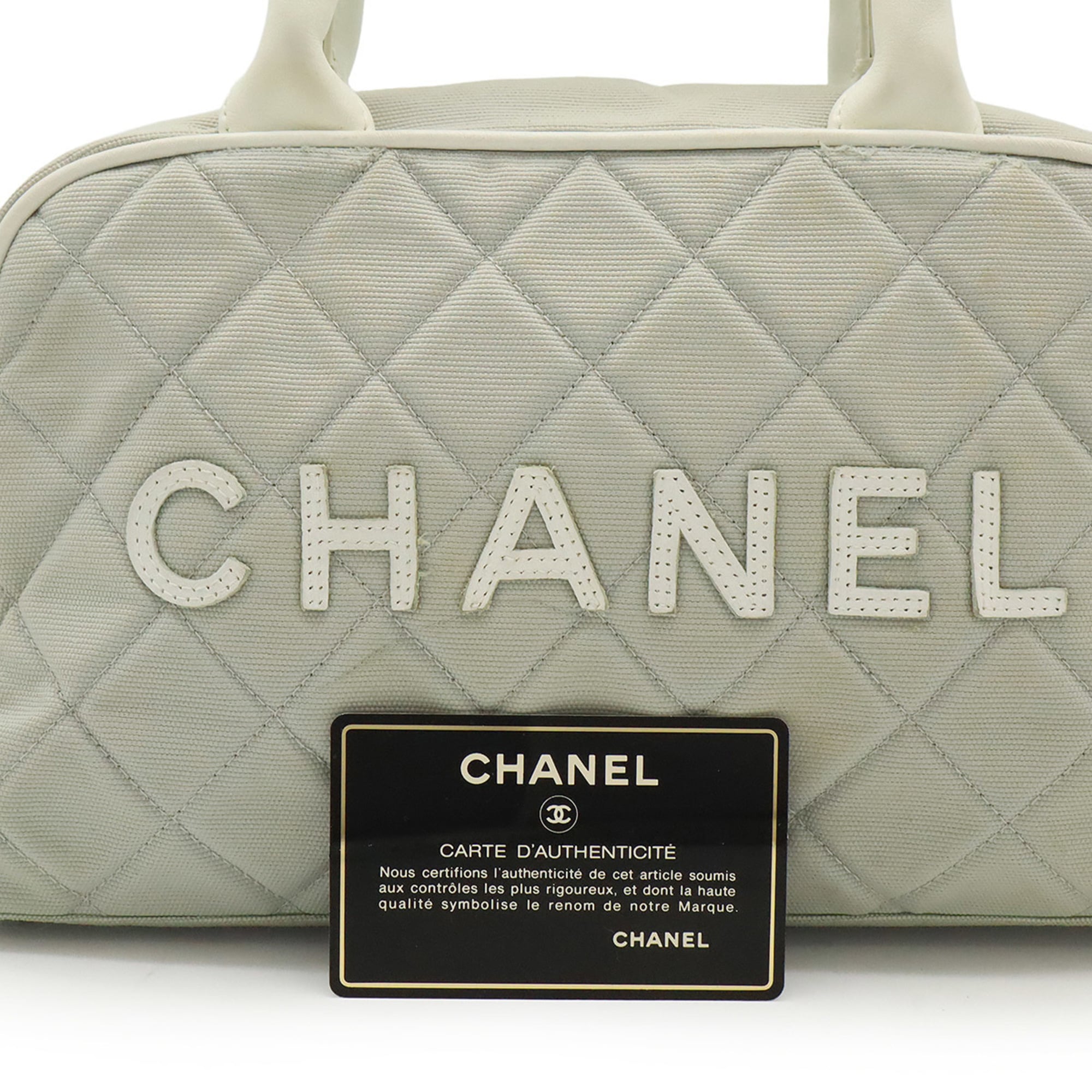 Chanel Light Gray White Canvas Leather Handbag (Pre-Owned)