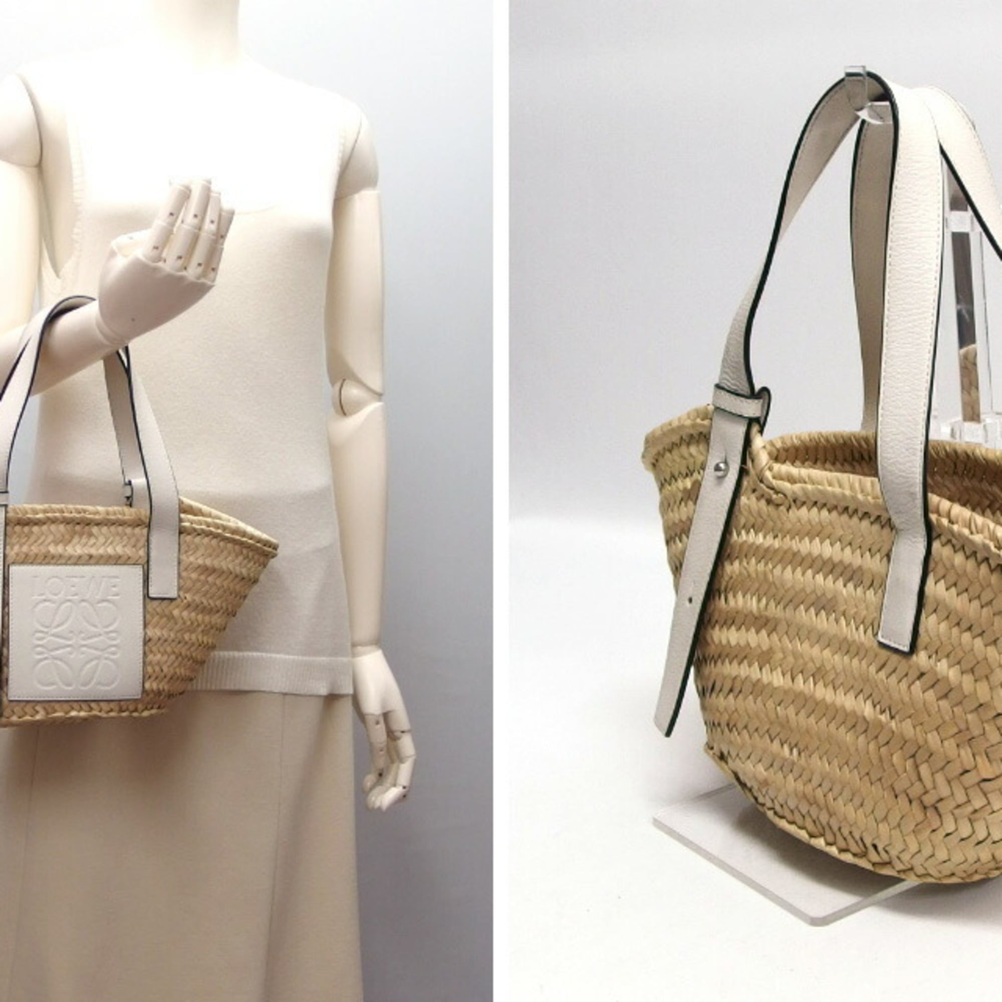 Loewe Beige White Raffia Leather Basket Handbag (Pre-Owned)