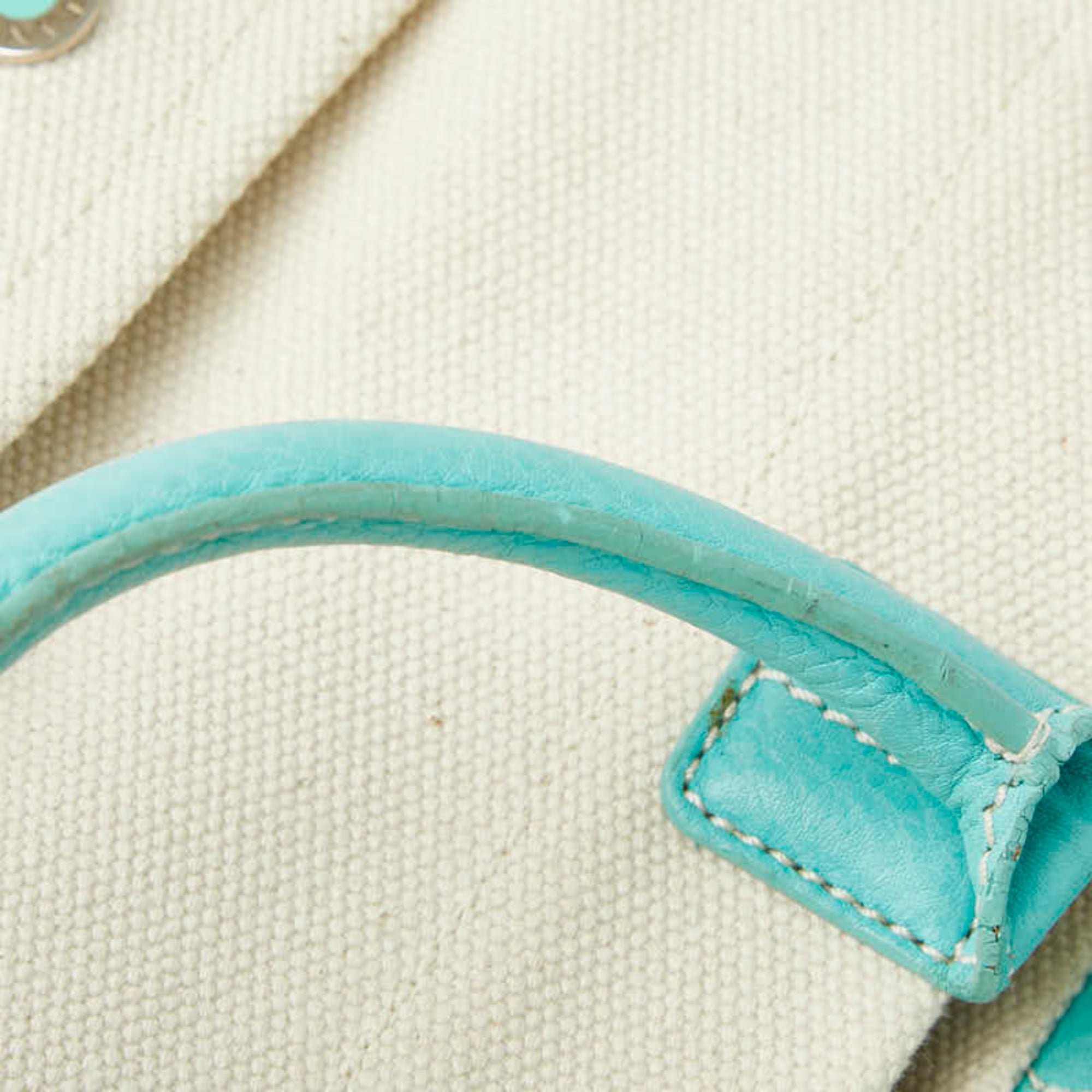 Tiffany Tiffany Blue White Canvas Leather Handbag Shoulder Bag (Pre-Owned)