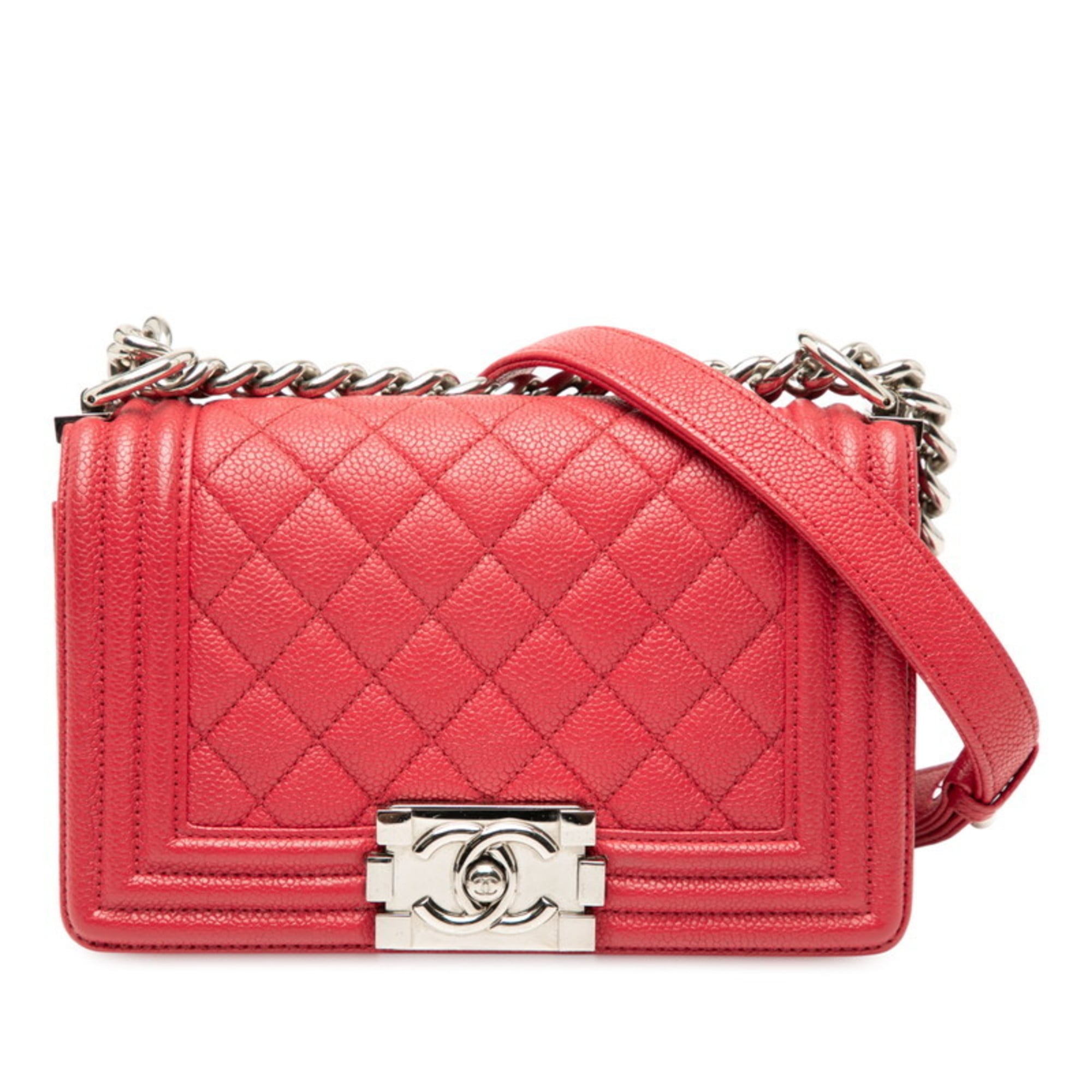 Chanel Red Color Grained Calfskin Shoulder Bag (Pre-Owned)