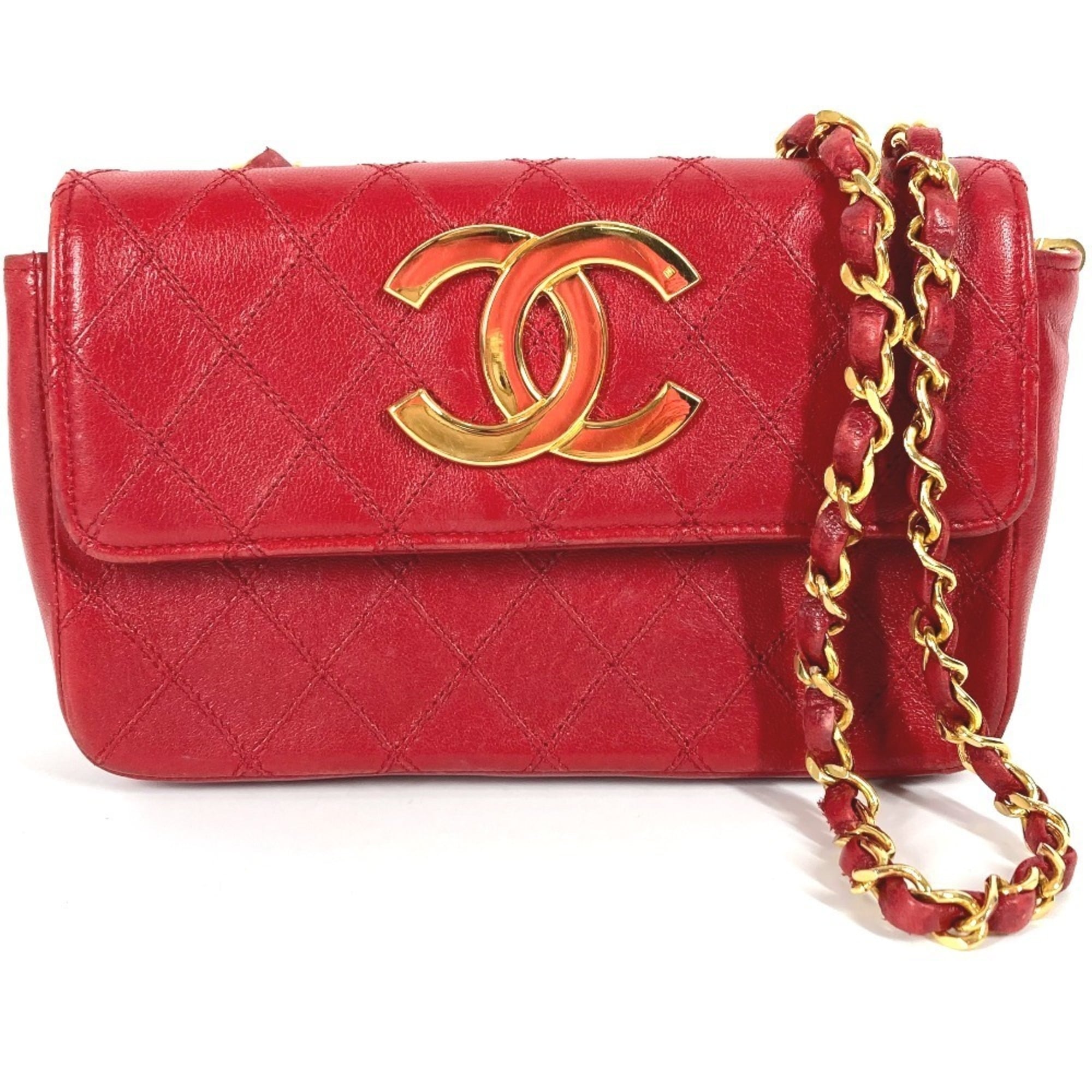 Chanel Matelasse Red Color Leather Pochette Shoulder Bag (Pre-Owned)