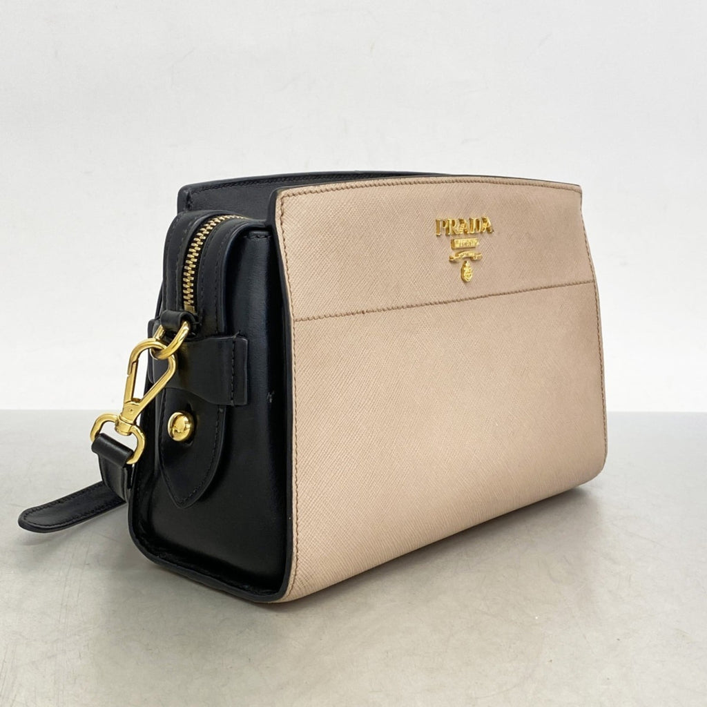 Prada Beige Black Leather Shoulder Bag (Pre-Owned)
