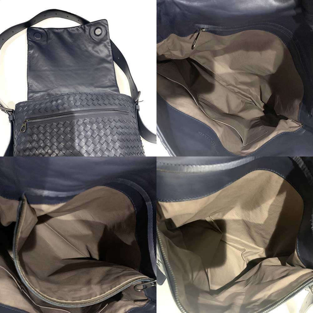 Bottega Veneta Intrecciato Navy Leather Messenger Bag (Pre-Owned)