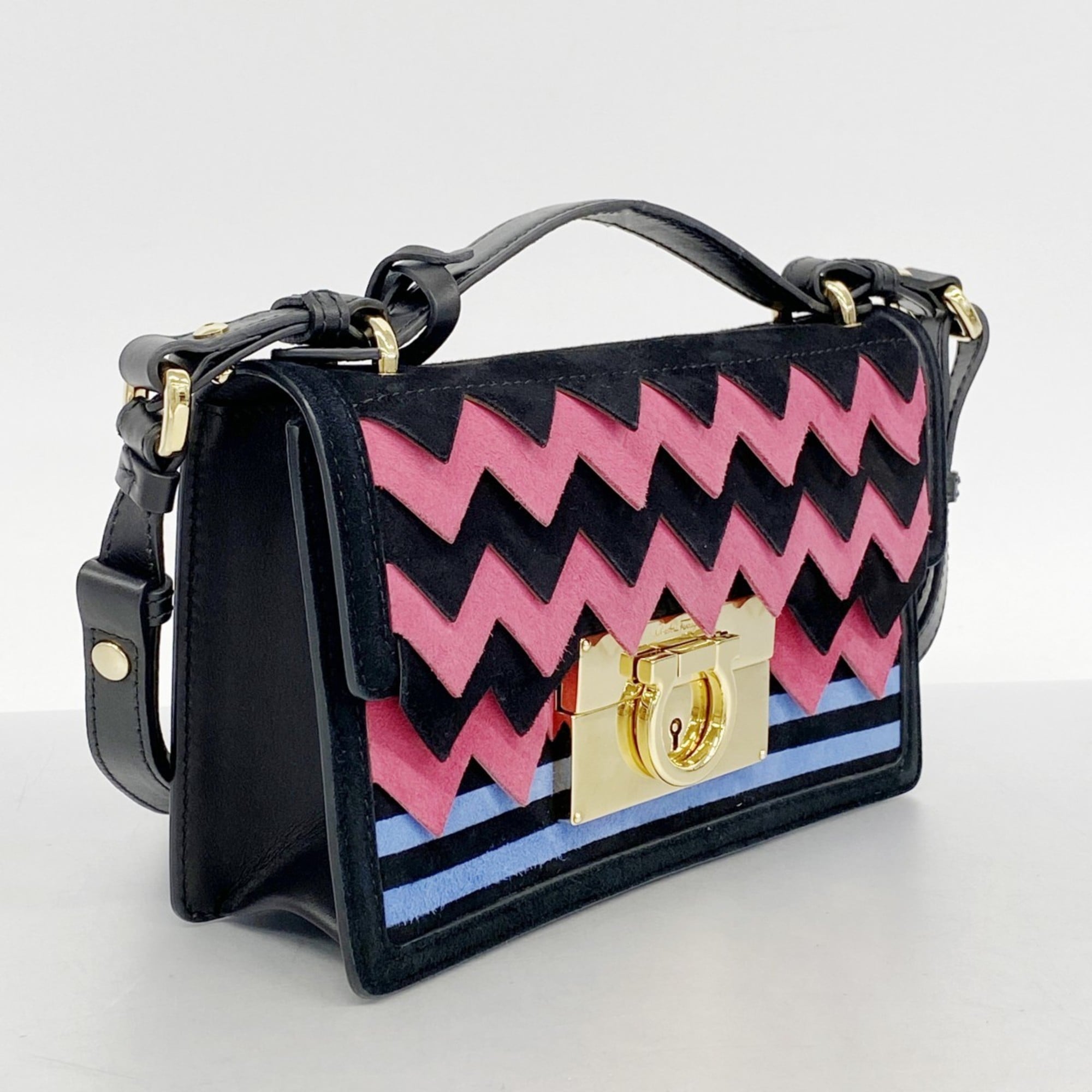 Salvatore Ferragamo Black Blue Pink Suede Handbag (Pre-Owned)