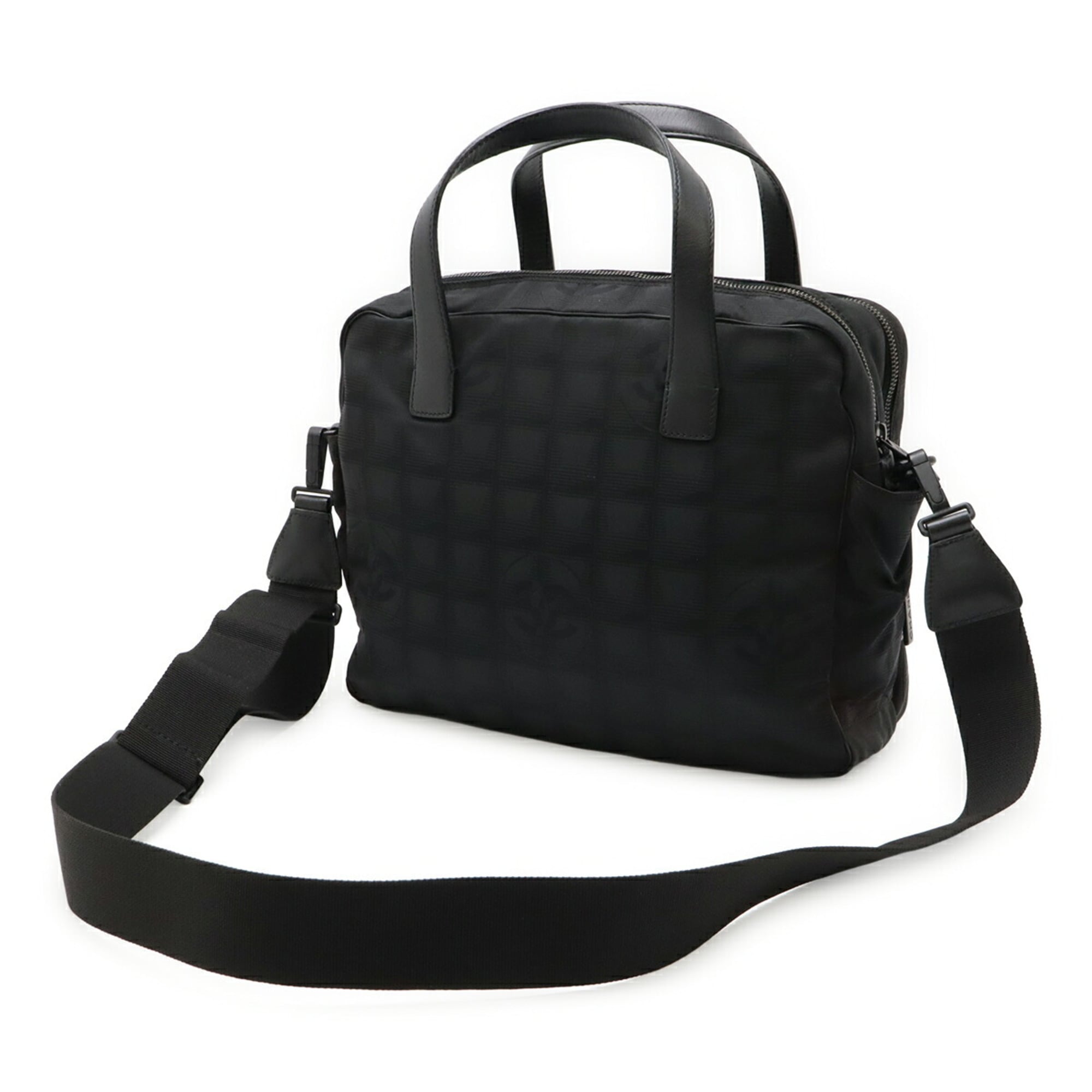Chanel New Travel Line Black Jacquard Leather Handbag Tote Bag (Pre-Owned)