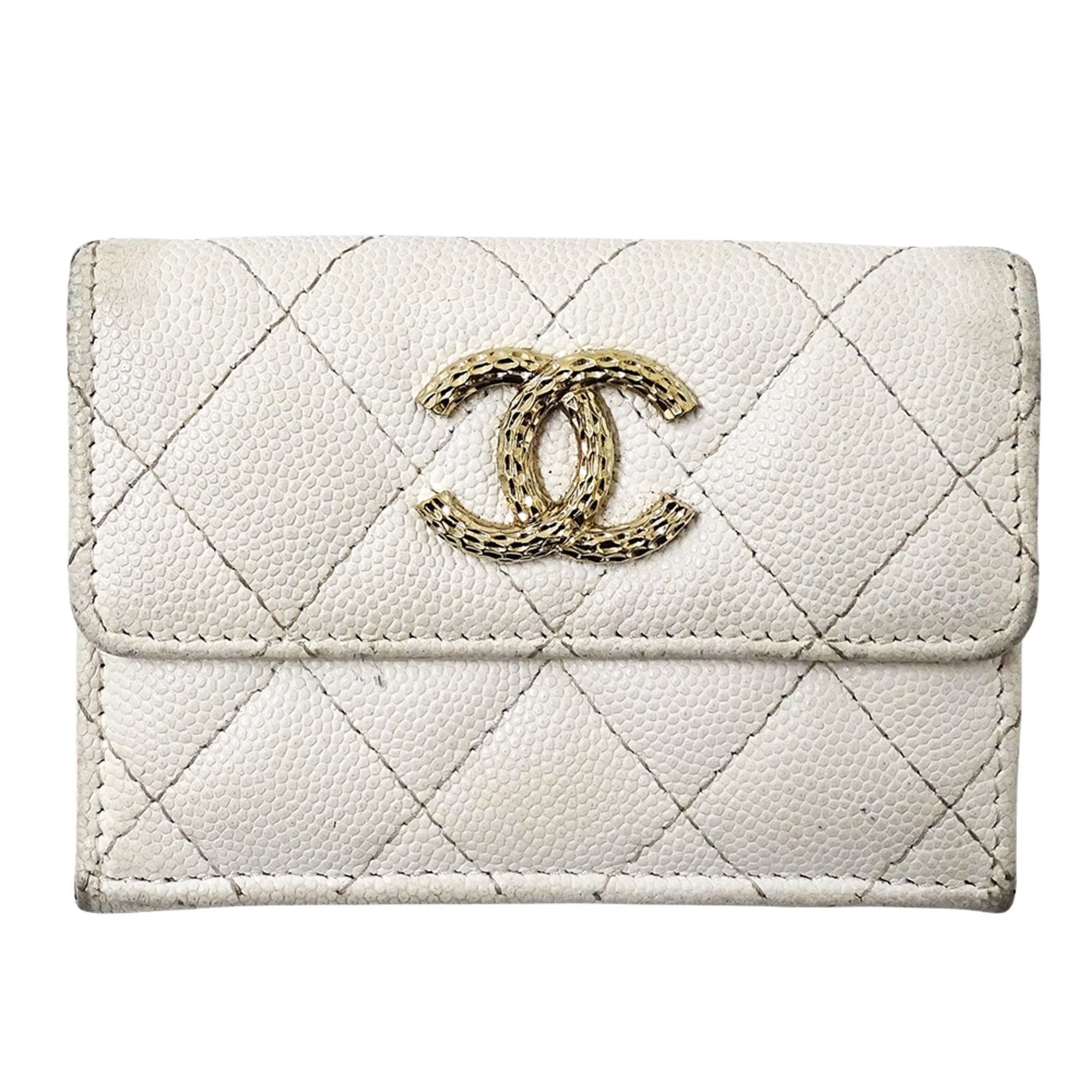 Chanel White Grained Calfskin Wallet (Tri-Fold) (Pre-Owned)