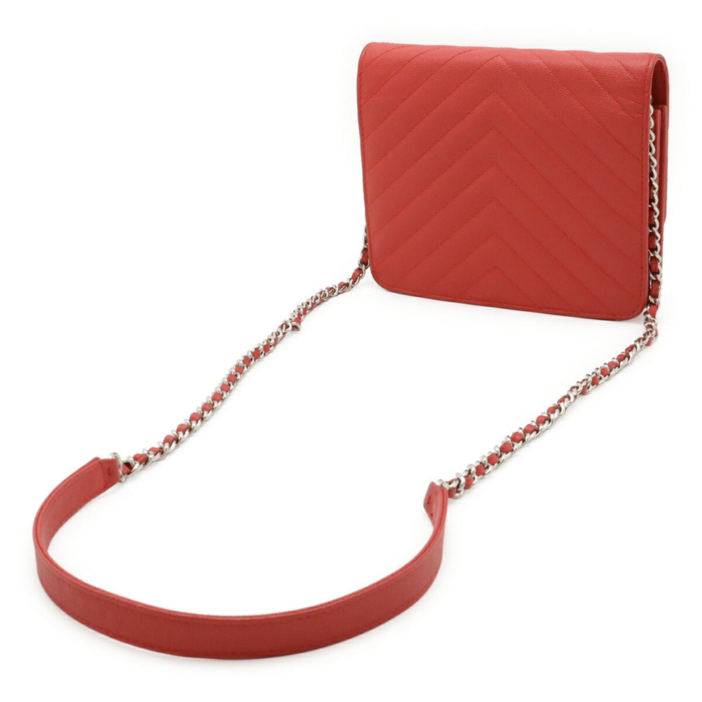 Chanel Pink Red Color Grained Calfskin Pochette Shoulder Bag (Pre-Owned)