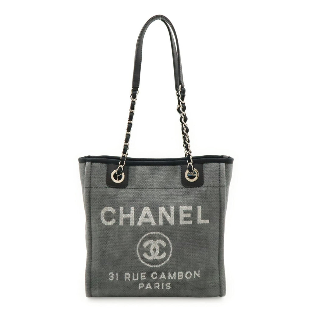 Chanel Black Gray Canvas Leather Shoulder Bag Tote Bag (Pre-Owned)