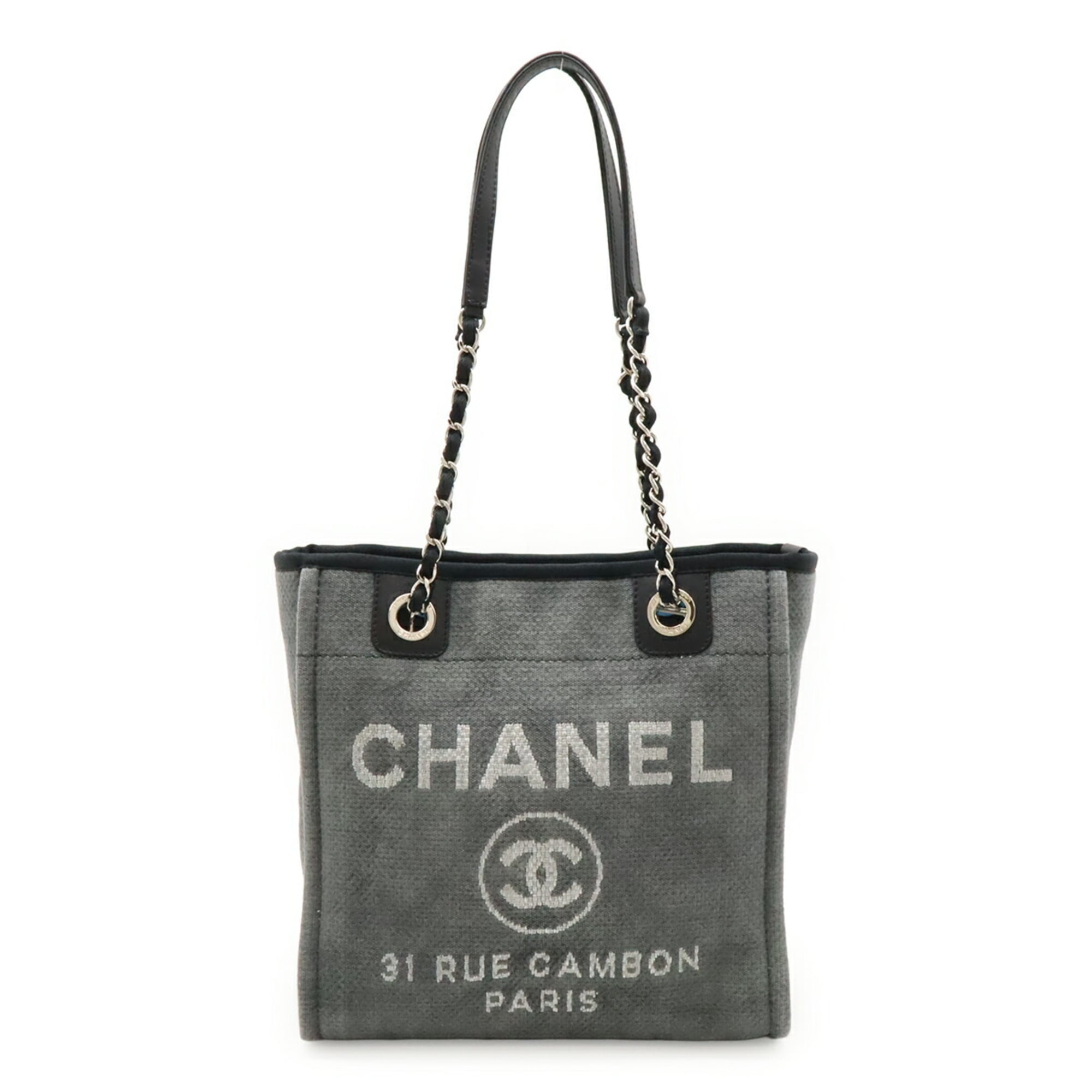 Chanel Black Gray Canvas Leather Shoulder Bag Tote Bag (Pre-Owned)