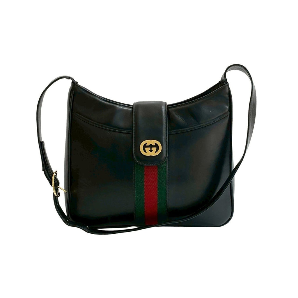 Gucci Black Green Red Color Leather Shoulder Bag (Pre-Owned)