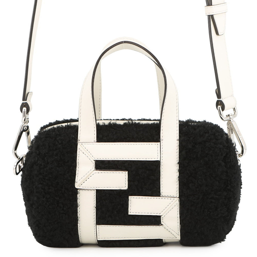 Fendi Zucca Black White Leather Fur Handbag (Pre-Owned)