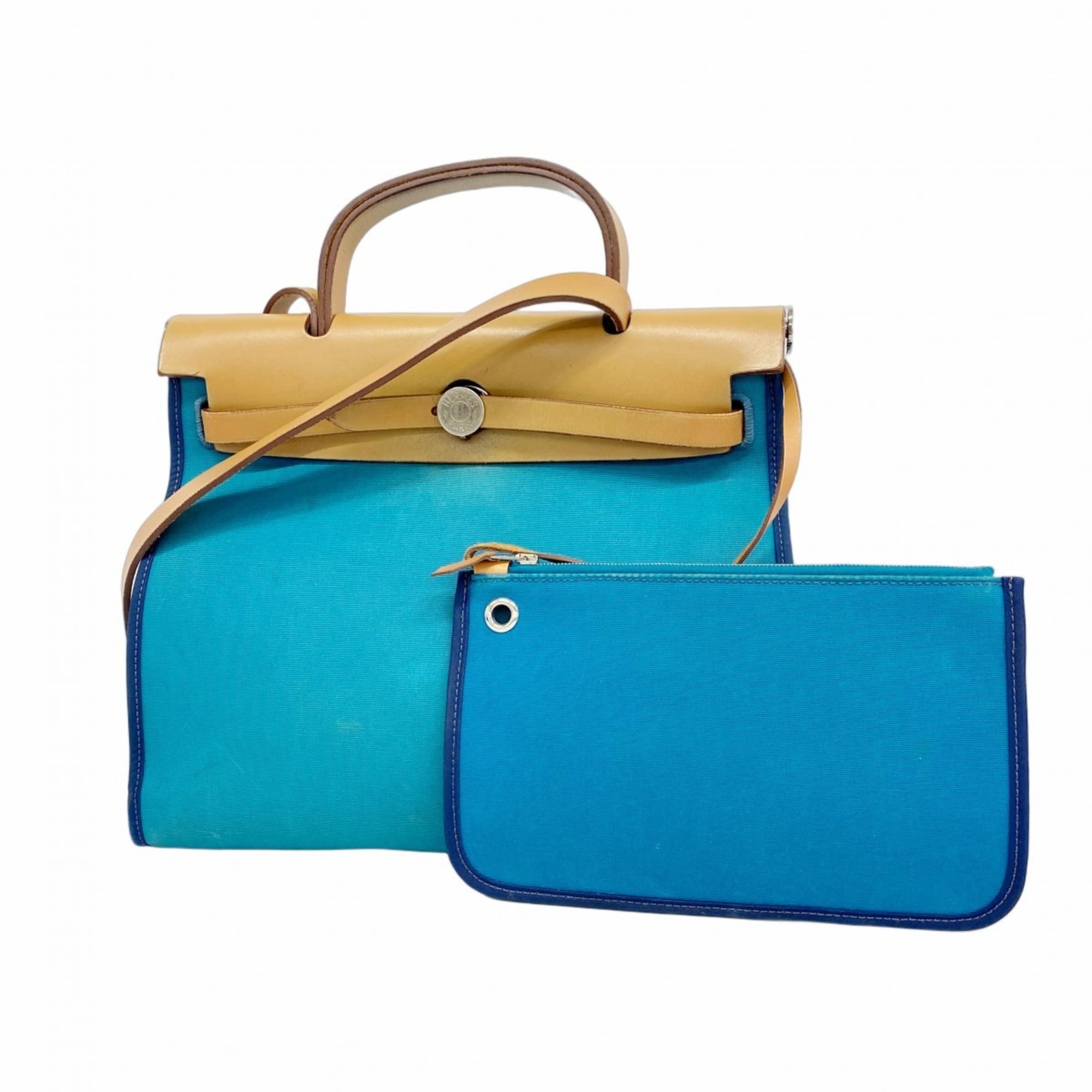 Hermes Blue Natural Toile Officier Handbag (Pre-Owned)