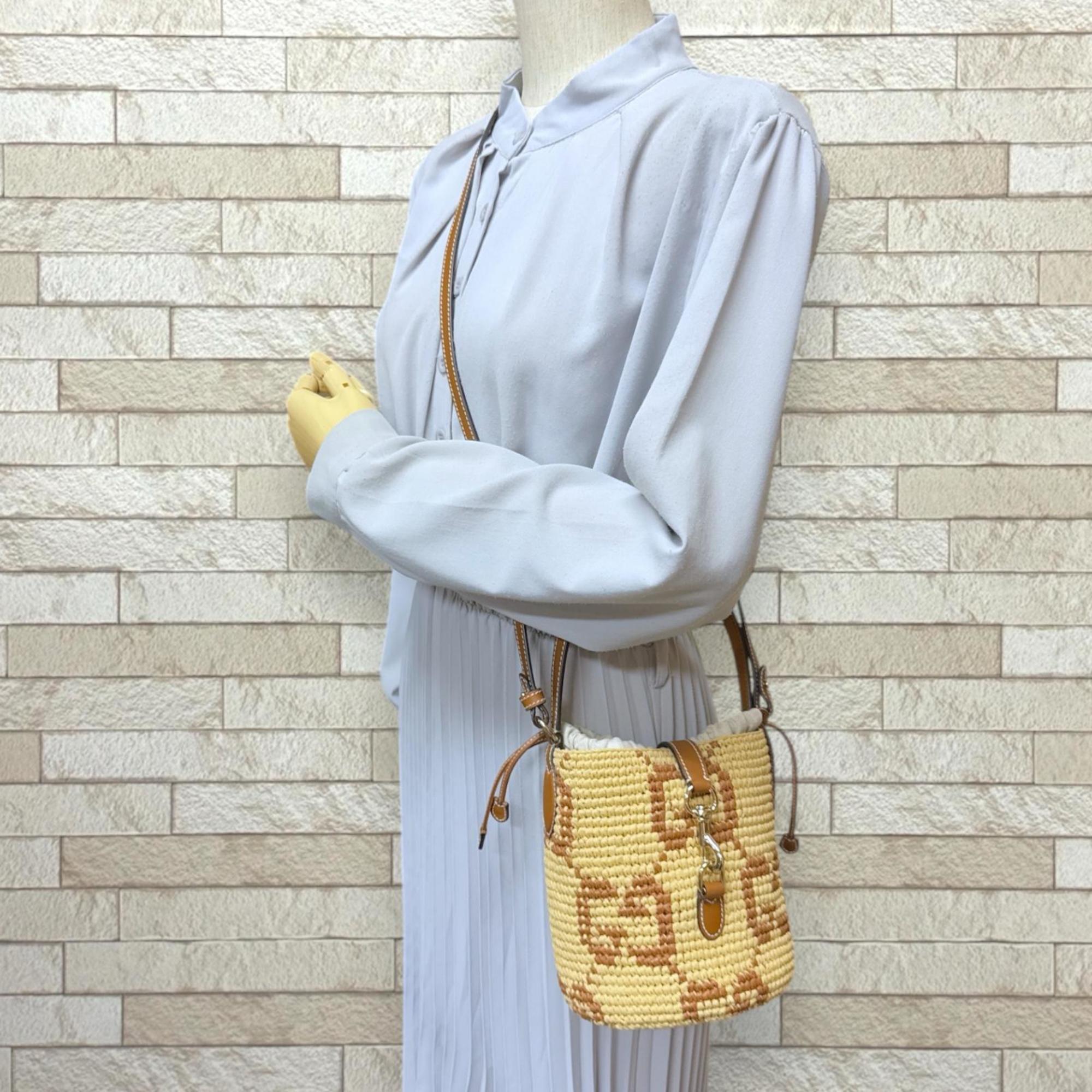 Gucci Beige Brown Fabric Raffia Shoulder Bag (Pre-Owned)