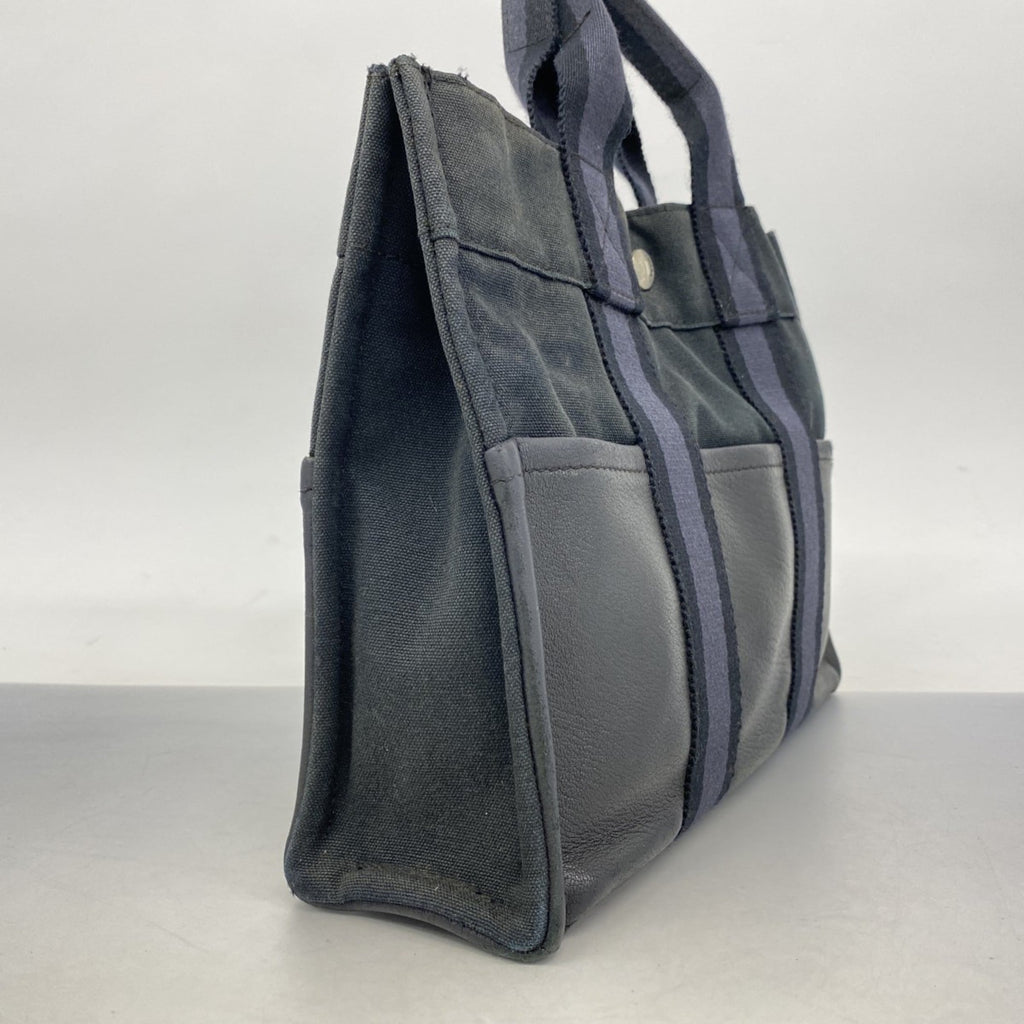 Hermes Black Gray Canvas Leather Handbag (Pre-Owned)