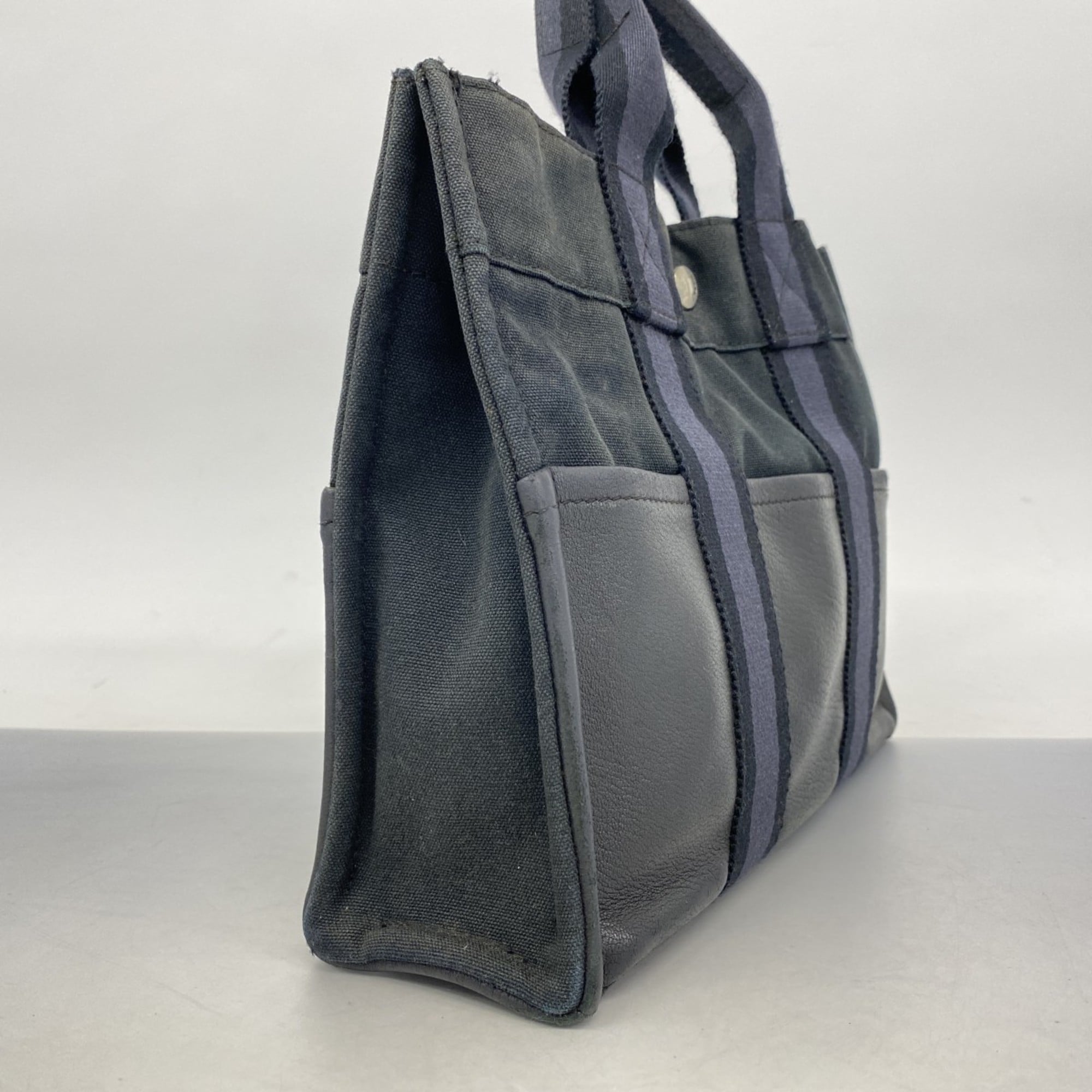 Hermes Black Gray Canvas Leather Handbag (Pre-Owned)