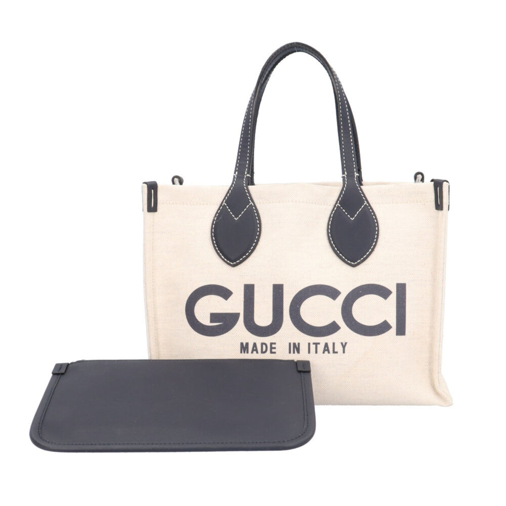Gucci Beige Navy Canvas Leather Handbag (Pre-Owned)