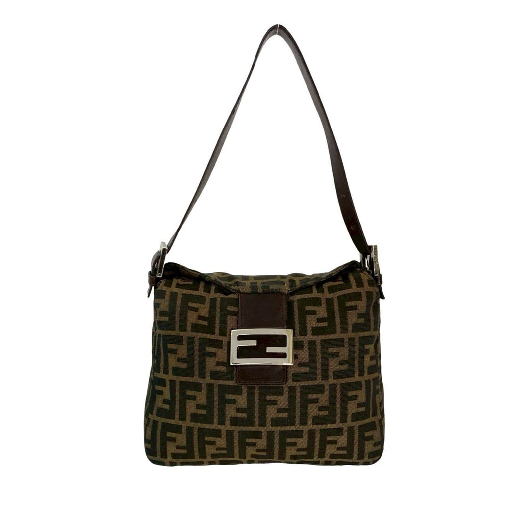Fendi Black Brown Khaki Canvas Leather Handbag Shoulder Bag (Pre-Owned)