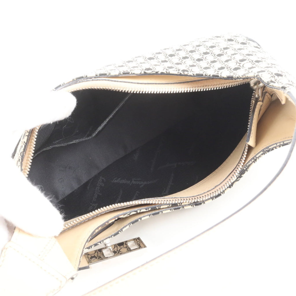 Salvatore Ferragamo Beige Black Leather Canvas Shoulder Bag (Pre-Owned)