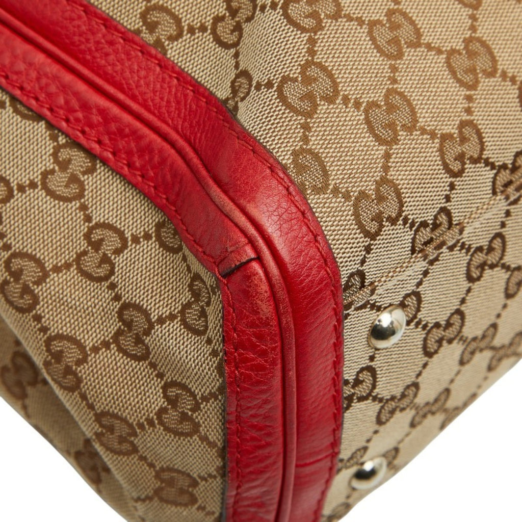 Gucci Beige Red Color Canvas Leather Tote Bag (Pre-Owned)