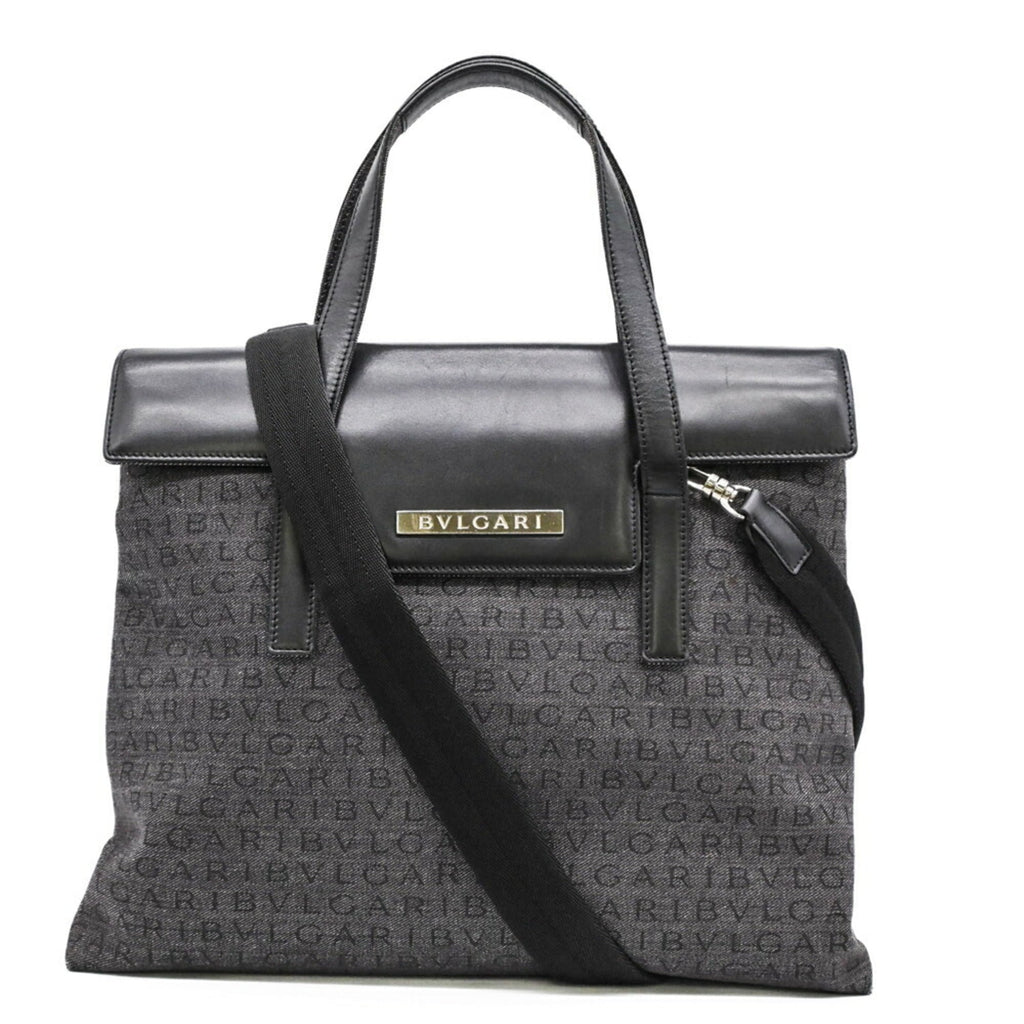 Bvlgari Black Gray Canvas Leather Handbag (Pre-Owned)