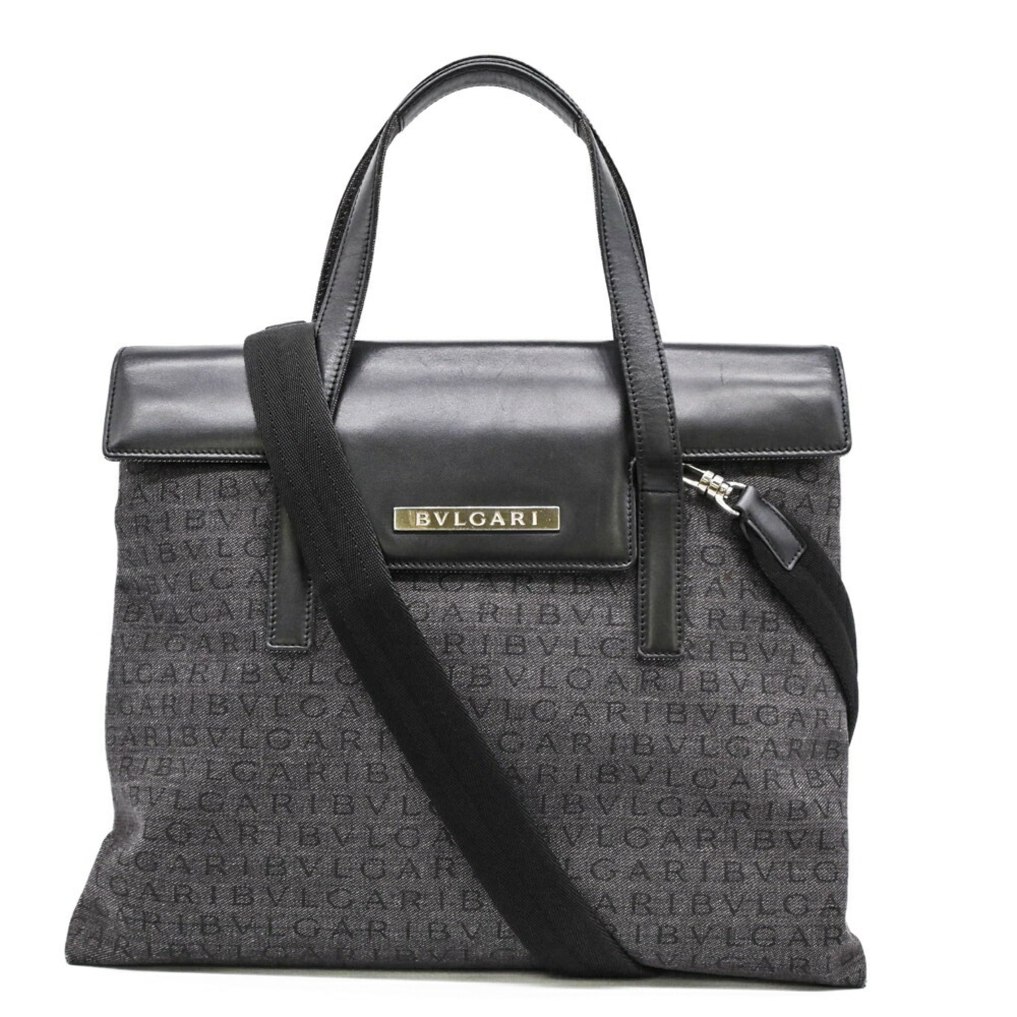 Bvlgari Black Gray Canvas Leather Handbag (Pre-Owned)