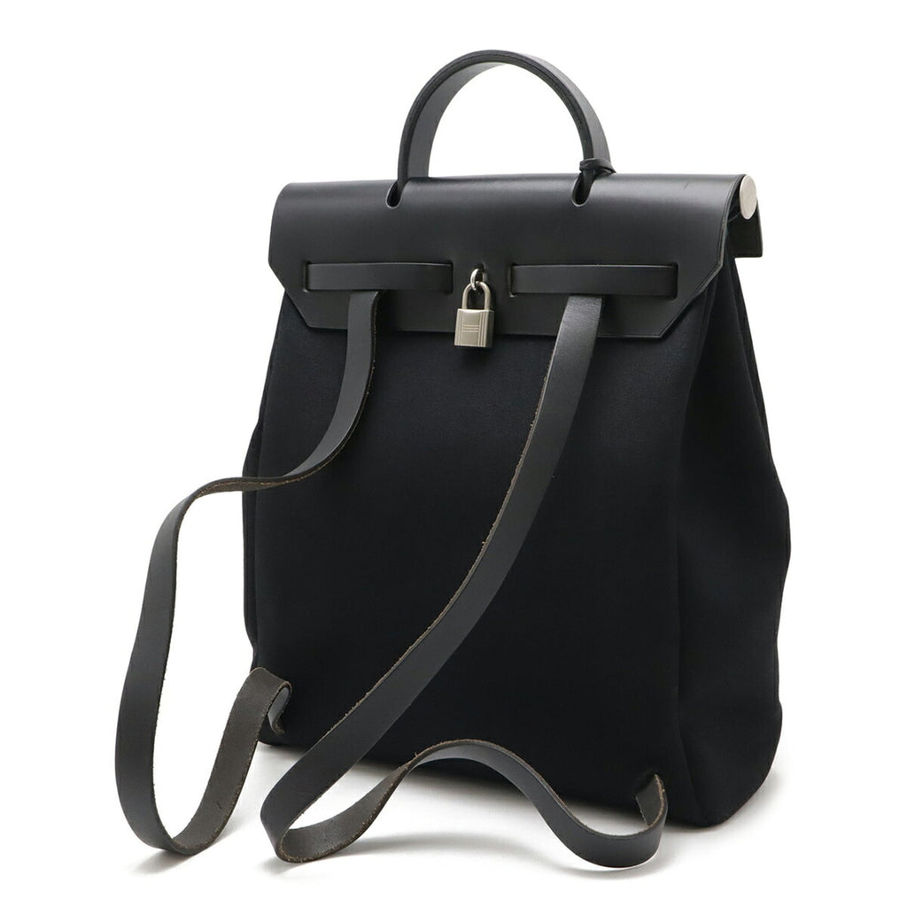 Hermes Her Bag Black Toile Officier Leather Backpack Handbag (Pre-Owned)