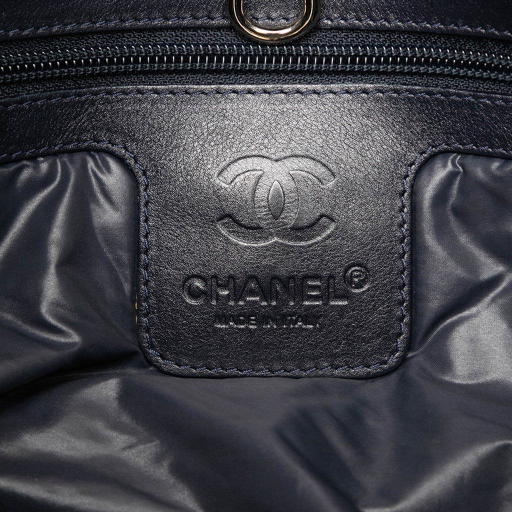 Chanel Khaki Navy Nylon Leather Handbag Tote Bag (Pre-Owned)