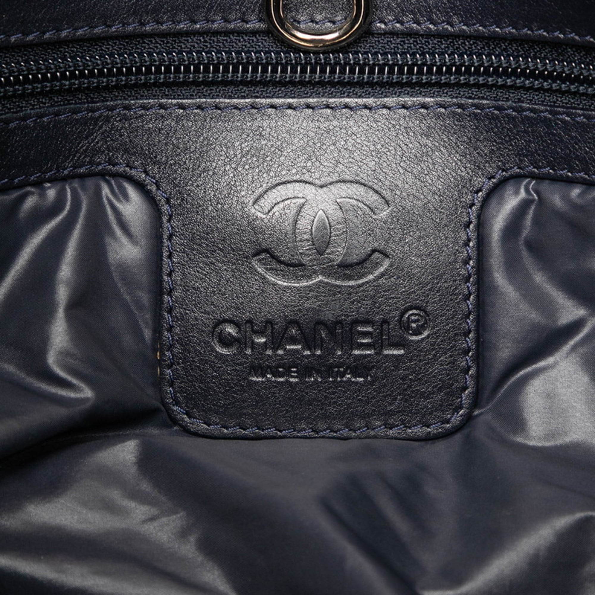 Chanel Khaki Navy Nylon Leather Handbag Tote Bag (Pre-Owned)