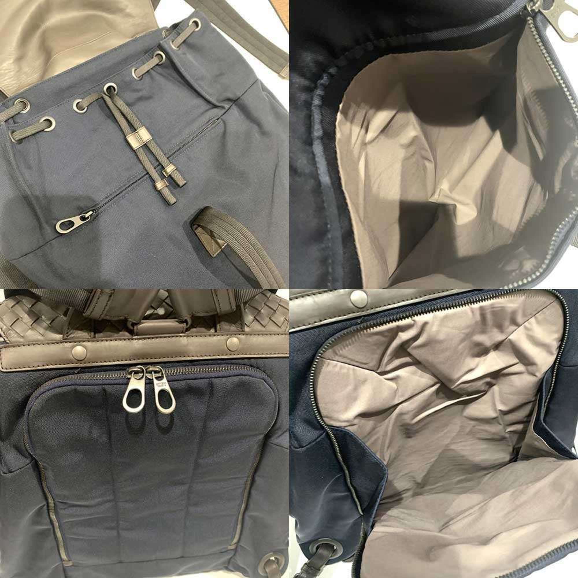 Bottega Veneta Intrecciato Brown Navy Nylon Leather Backpack (Pre-Owned)