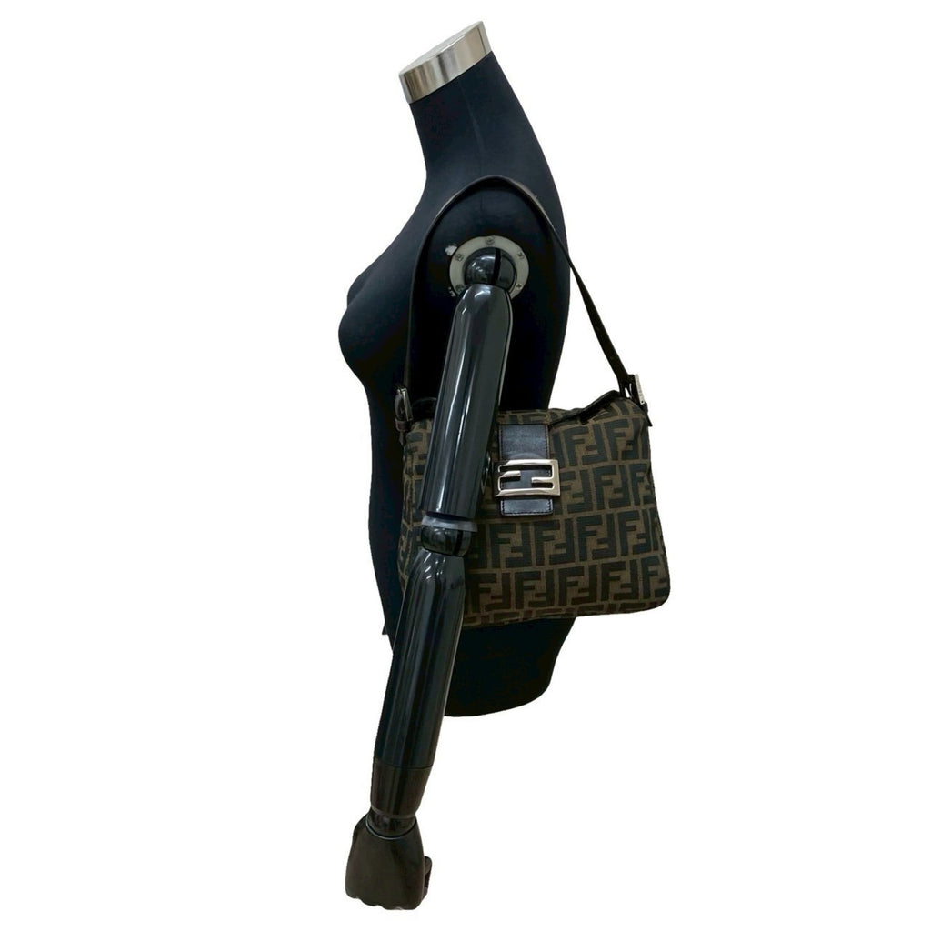 Fendi Black Brown Khaki Canvas Leather Handbag Shoulder Bag (Pre-Owned)