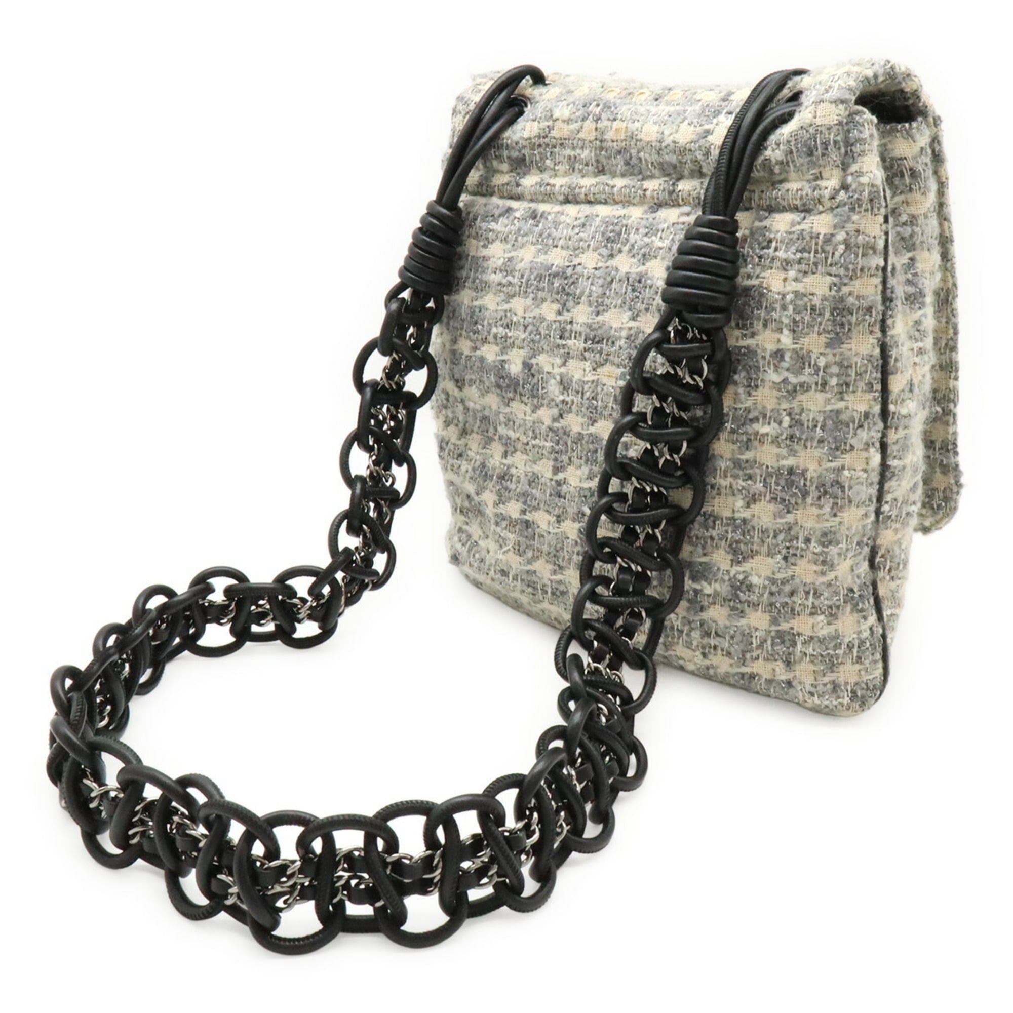 Chanel Camellia Black Gray Multi-Color Tweed Leather Shoulder Bag (Pre-Owned)