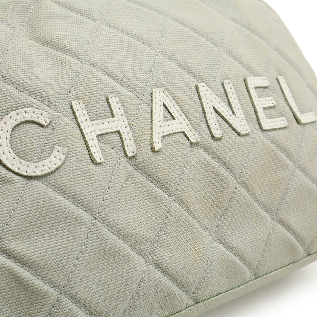 Chanel Light Gray White Canvas Leather Handbag (Pre-Owned)