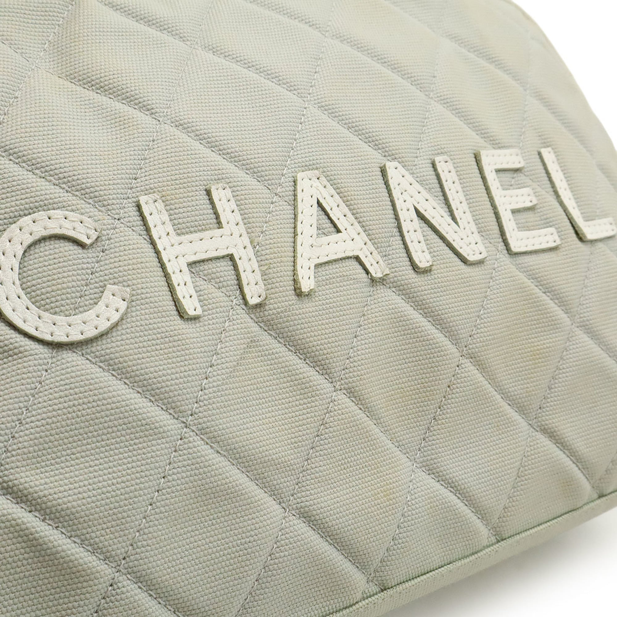 Chanel Light Gray White Canvas Leather Handbag (Pre-Owned)