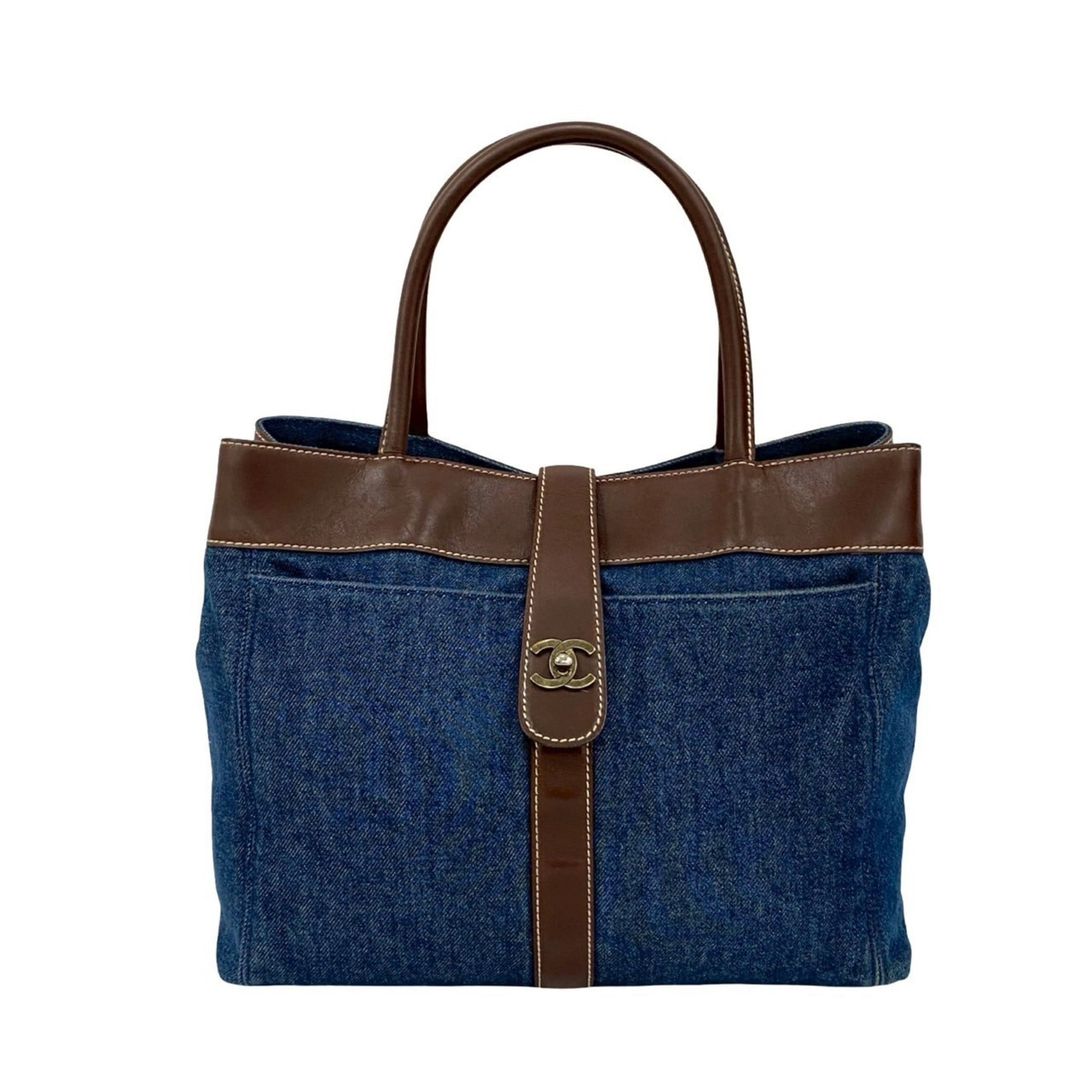 Chanel Blue Brown Leather Denim Tote Bag (Pre-Owned)