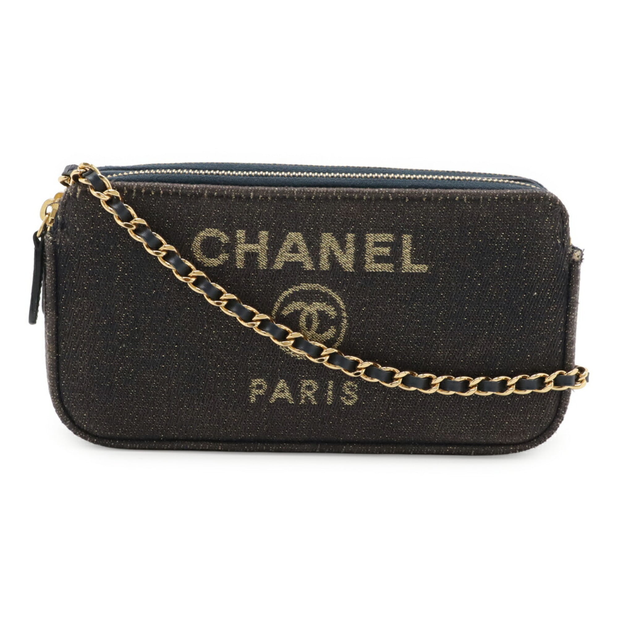 Chanel Gold Navy Canvas Leather Pochette Shoulder Bag (Pre-Owned)