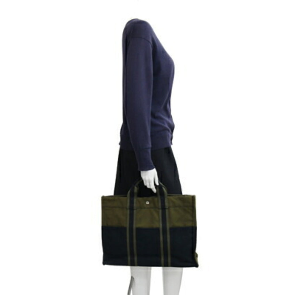 Hermes Green Navy Olive Cotton Canvas Handbag Tote Bag (Pre-Owned)