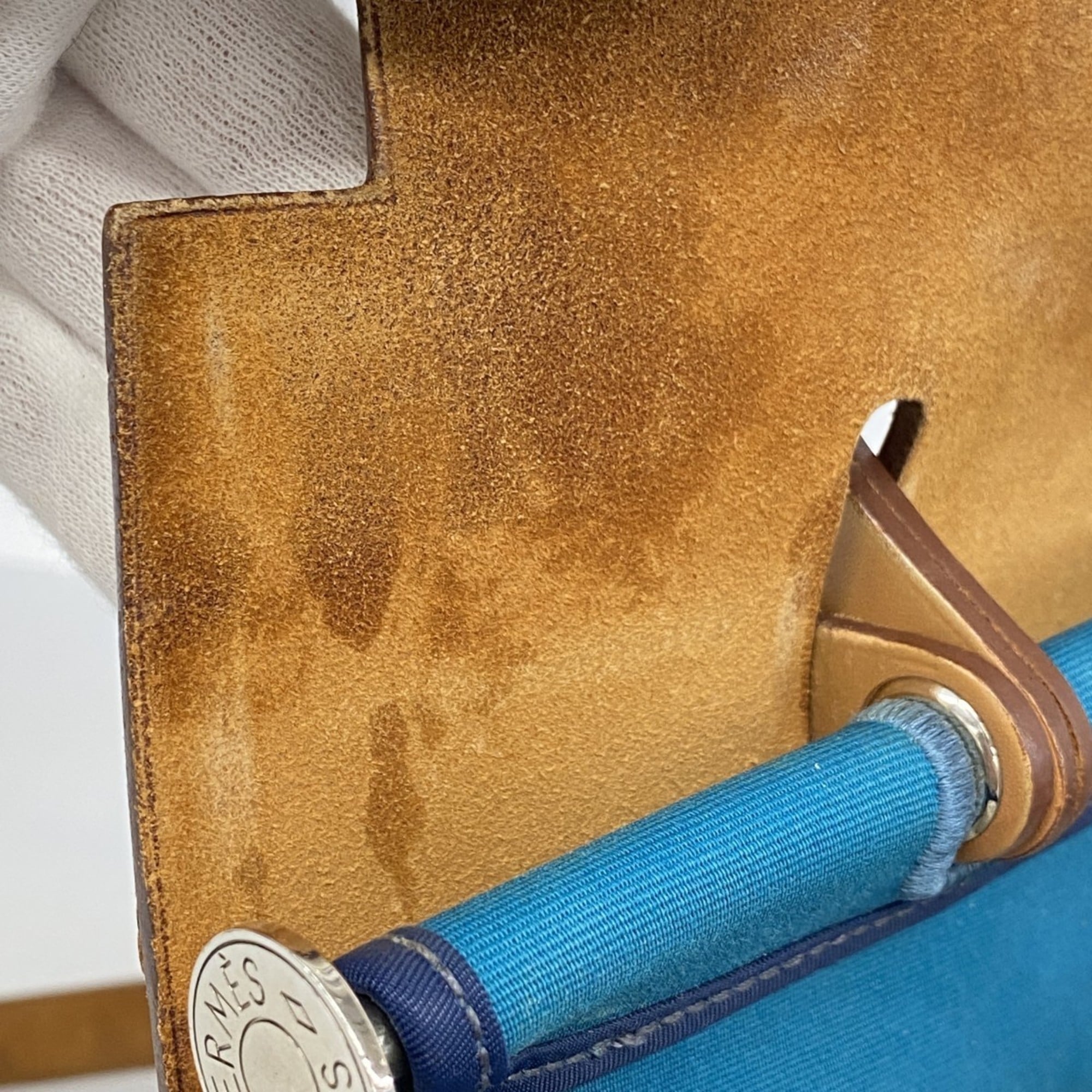 Hermes Blue Natural Toile Officier Handbag (Pre-Owned)