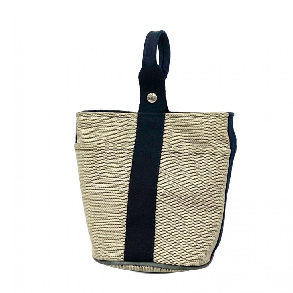 Hermes Beige Black Canvas Handbag (Pre-Owned)