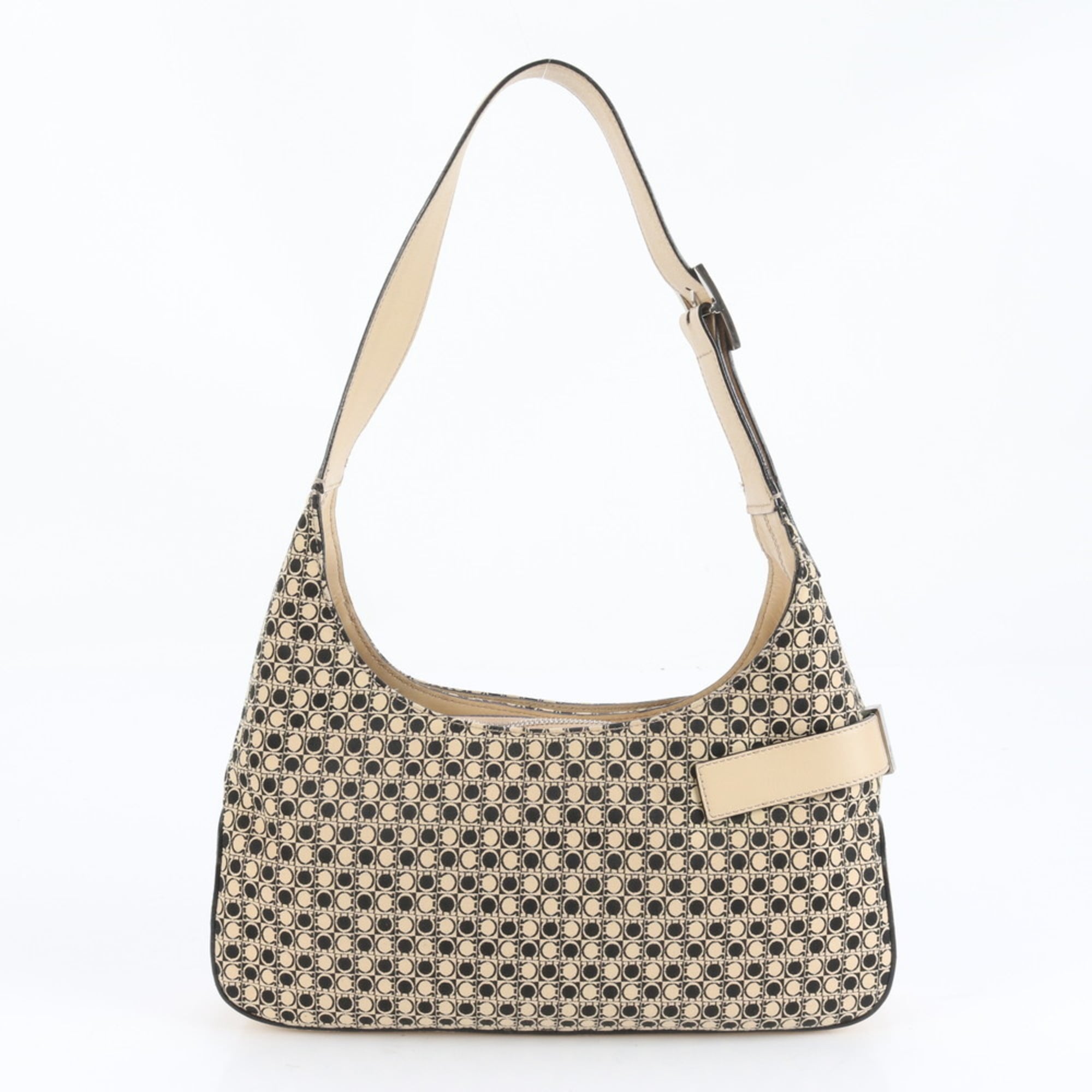Salvatore Ferragamo Beige Black Leather Canvas Shoulder Bag (Pre-Owned)
