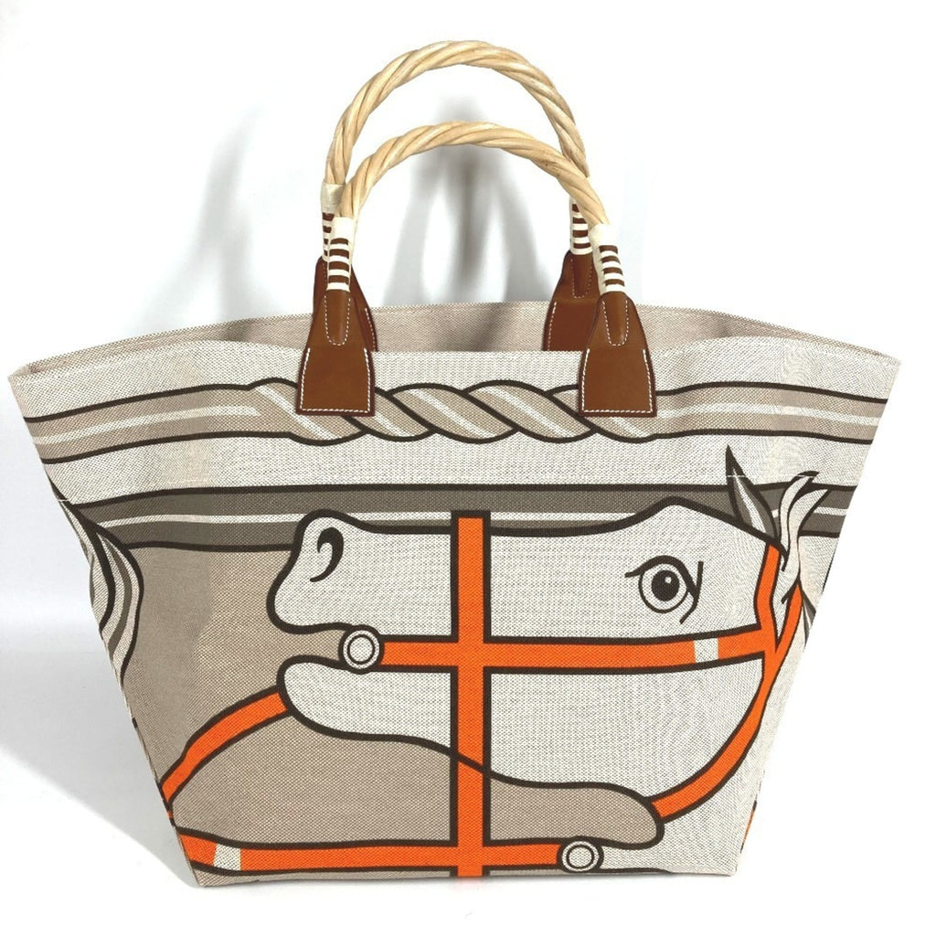 Hermes Beige Orange Canvas Leather Shoulder Bag Tote Bag (Pre-Owned)