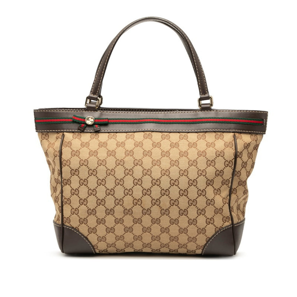 Gucci Beige Brown Canvas Leather Tote Bag (Pre-Owned)