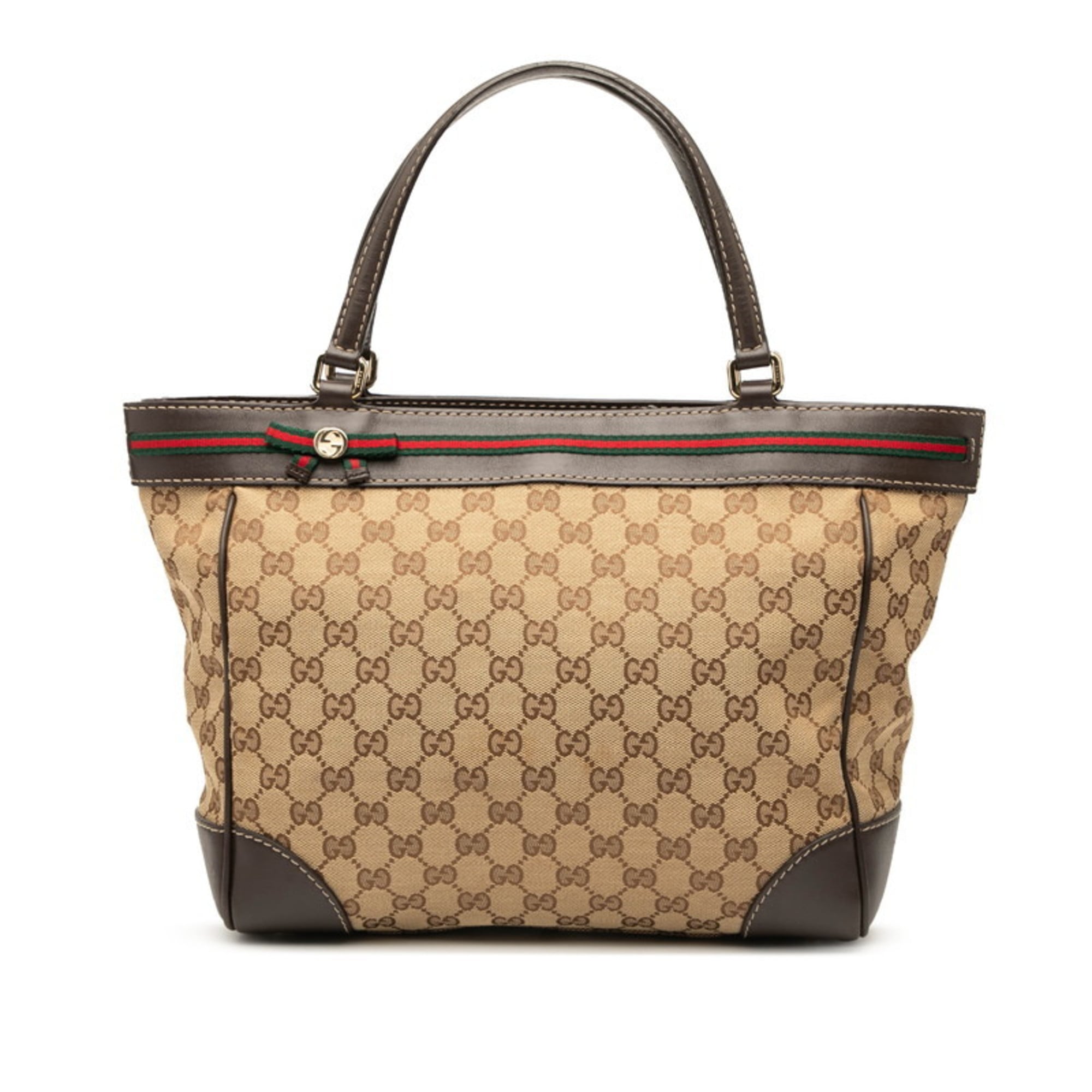 Gucci Beige Brown Canvas Leather Tote Bag (Pre-Owned)