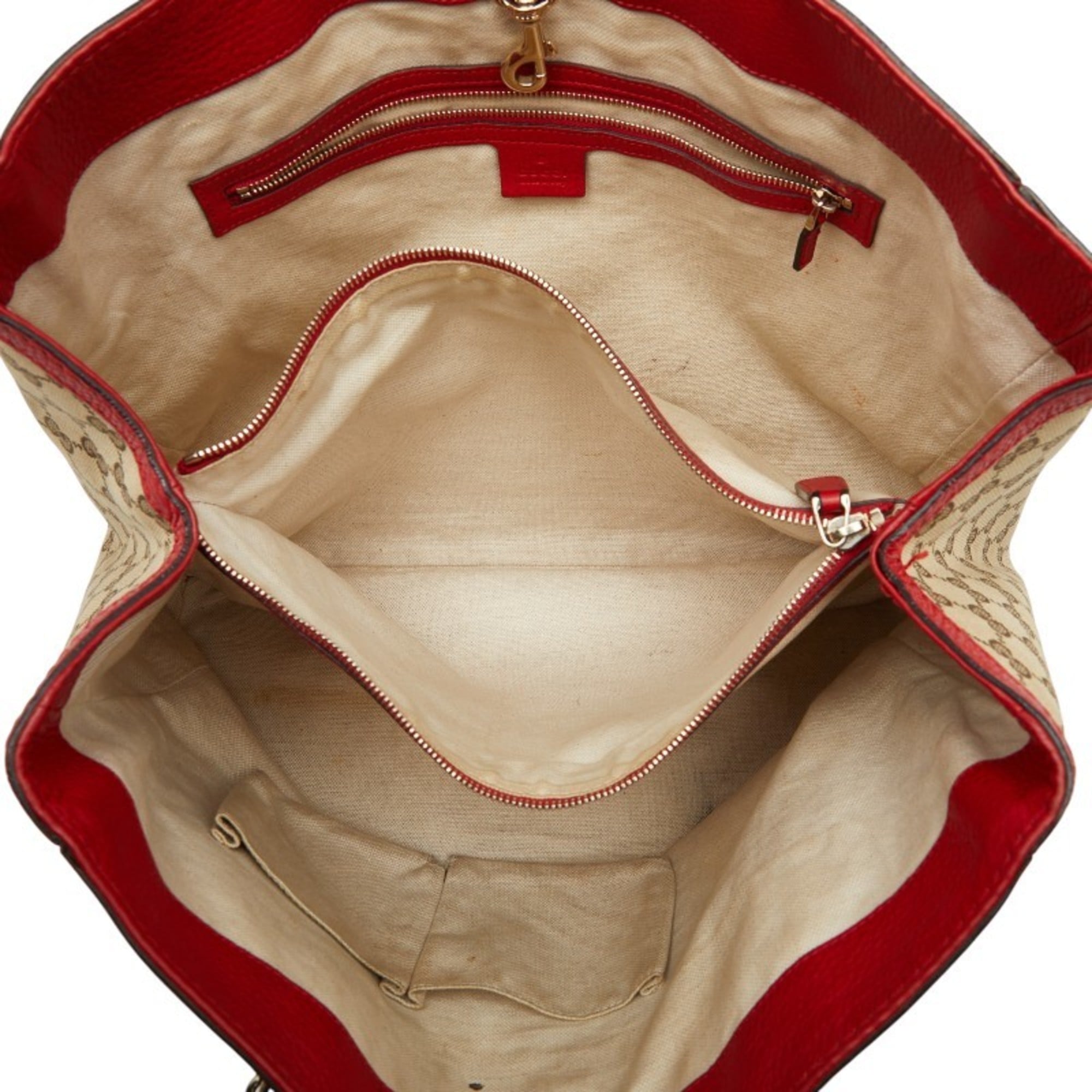 Gucci Beige Red Color Canvas Leather Tote Bag (Pre-Owned)