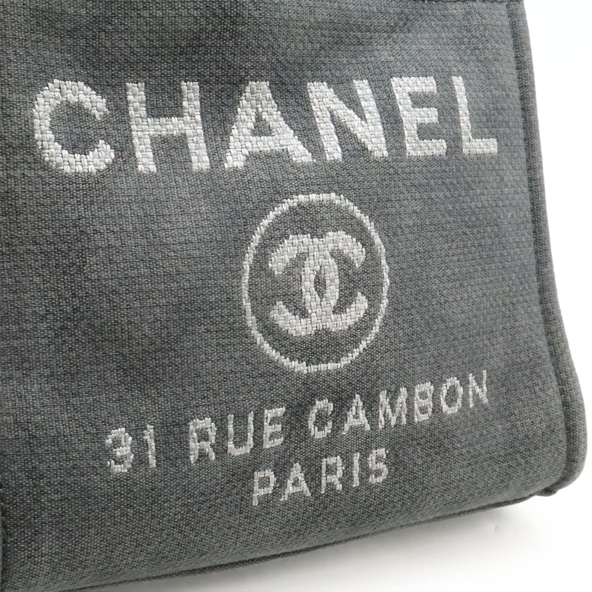 Chanel Black Gray Canvas Leather Shoulder Bag Tote Bag (Pre-Owned)