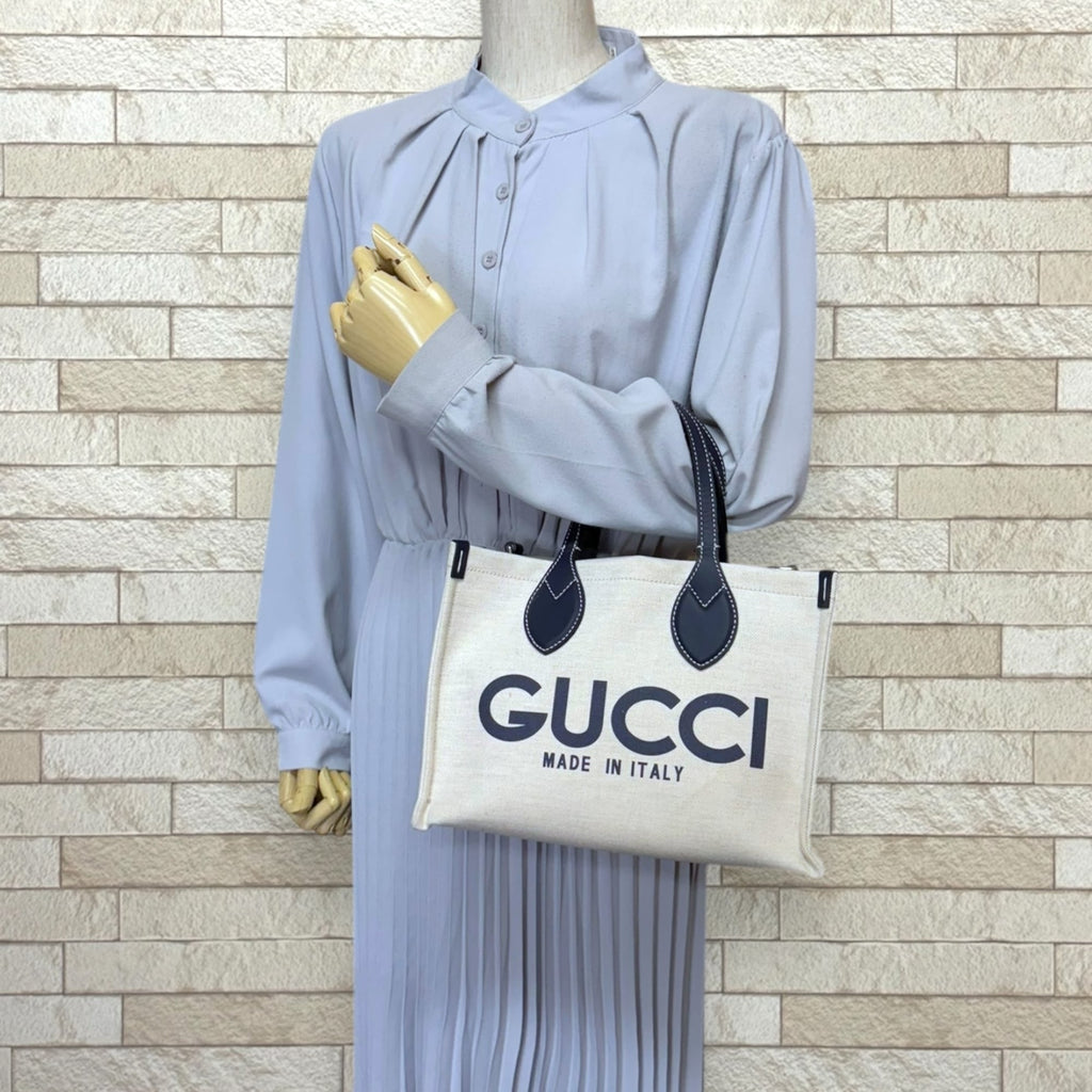 Gucci Beige Navy Canvas Leather Handbag (Pre-Owned)