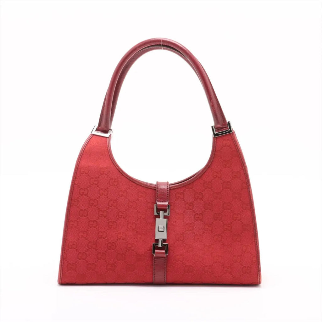 Gucci Red Color Leather Canvas Handbag (Pre-Owned)