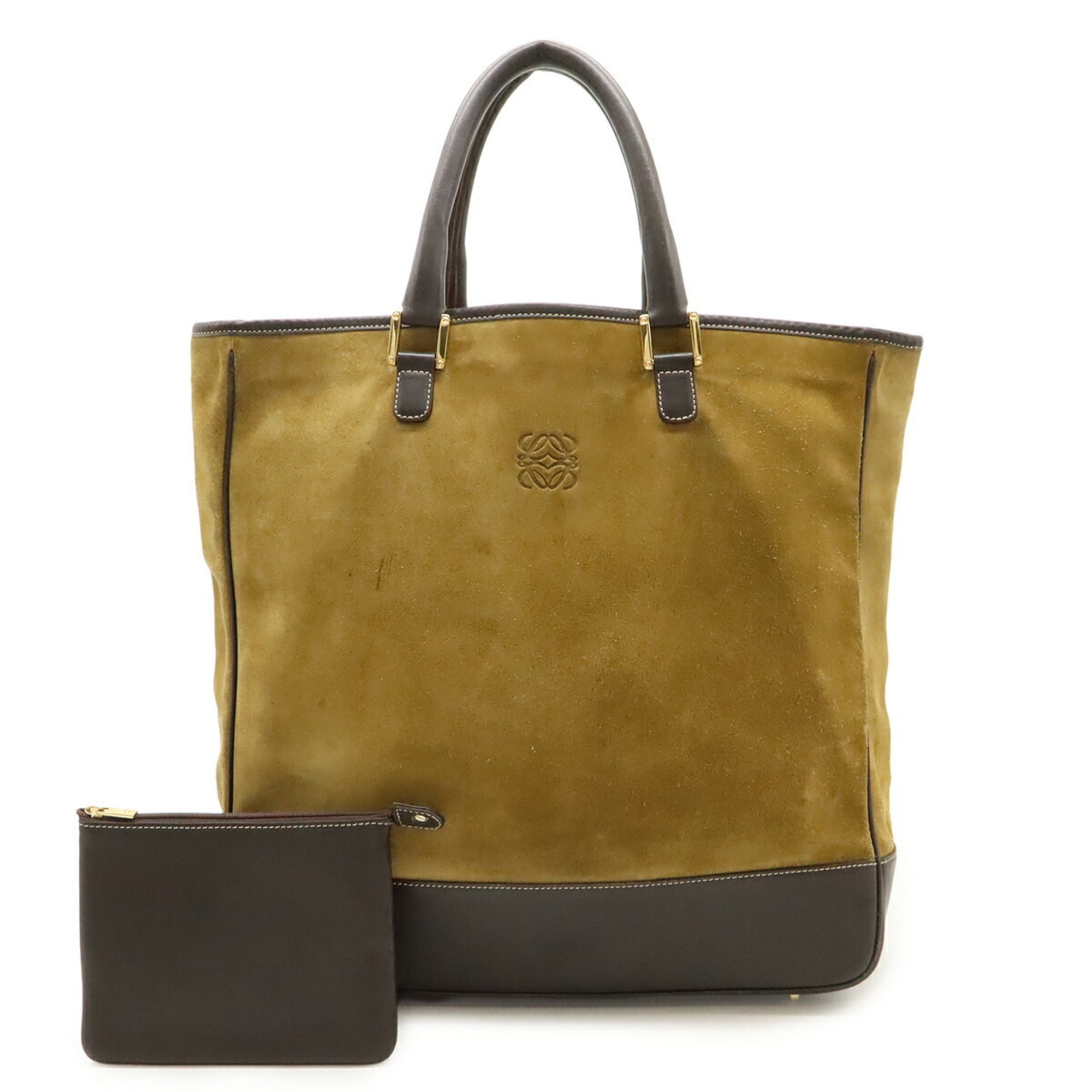 Loewe Beige Black Dark Brown Khaki Suede Leather Pouch Tote Bag (Pre-Owned)
