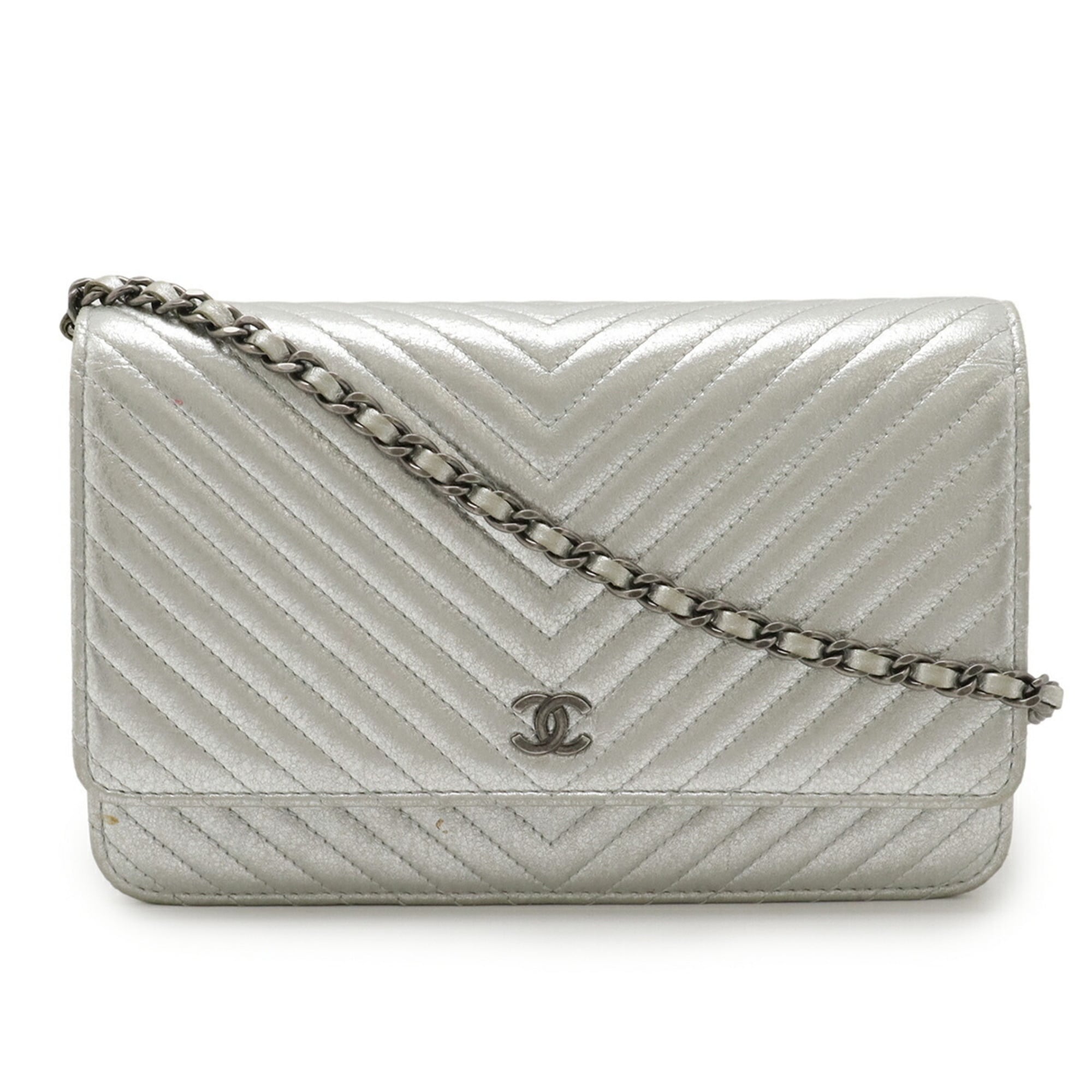 Chanel Chevron (V Stitch) Metallic Silver Leather Chain/Shoulder Wallet (Pre-Owned)