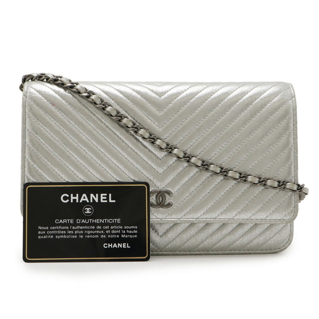 Chanel Chevron (V Stitch) Metallic Silver Leather Chain/Shoulder Wallet (Pre-Owned)